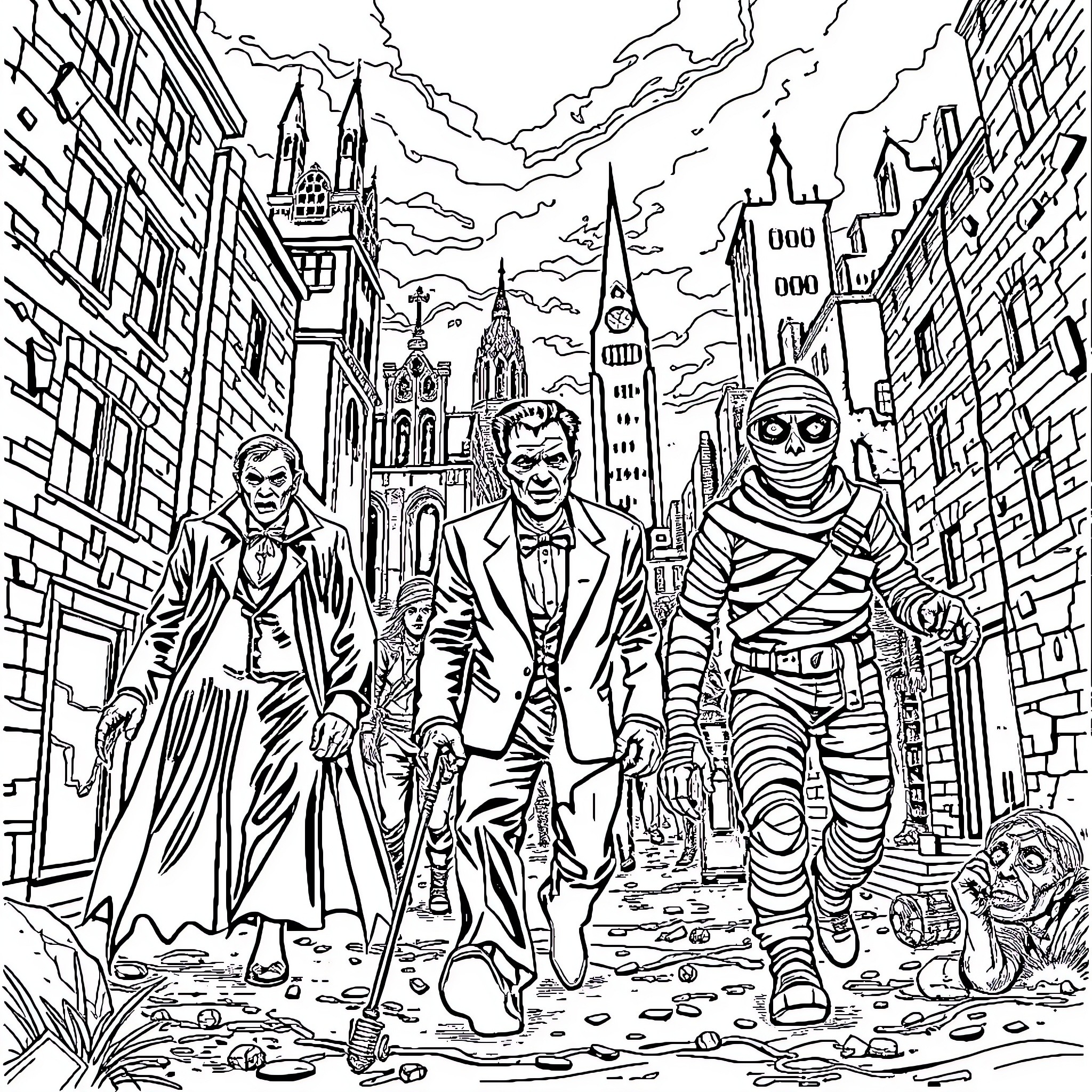 Monster Trio Exploring Eerie City Streets Coloring Page (free black-and-white line drawing printable PDF for all, from beginners to advanced learners, including children, teens, adults, and seniors)