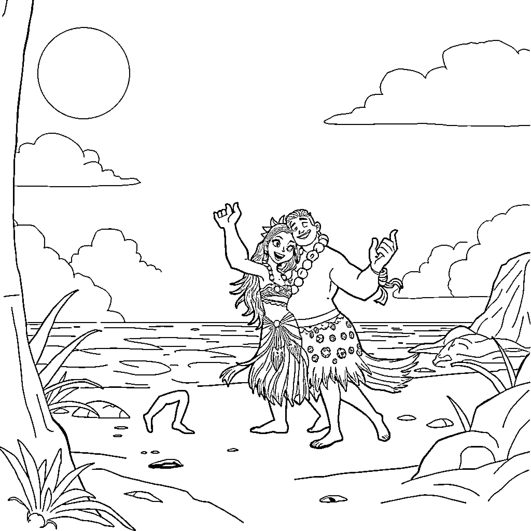 Vaiana dancing joyfully on a tropical beach Coloring Page (free black-and-white line drawing printable PDF for all, from beginners to advanced learners, including children, teens, adults, and seniors)