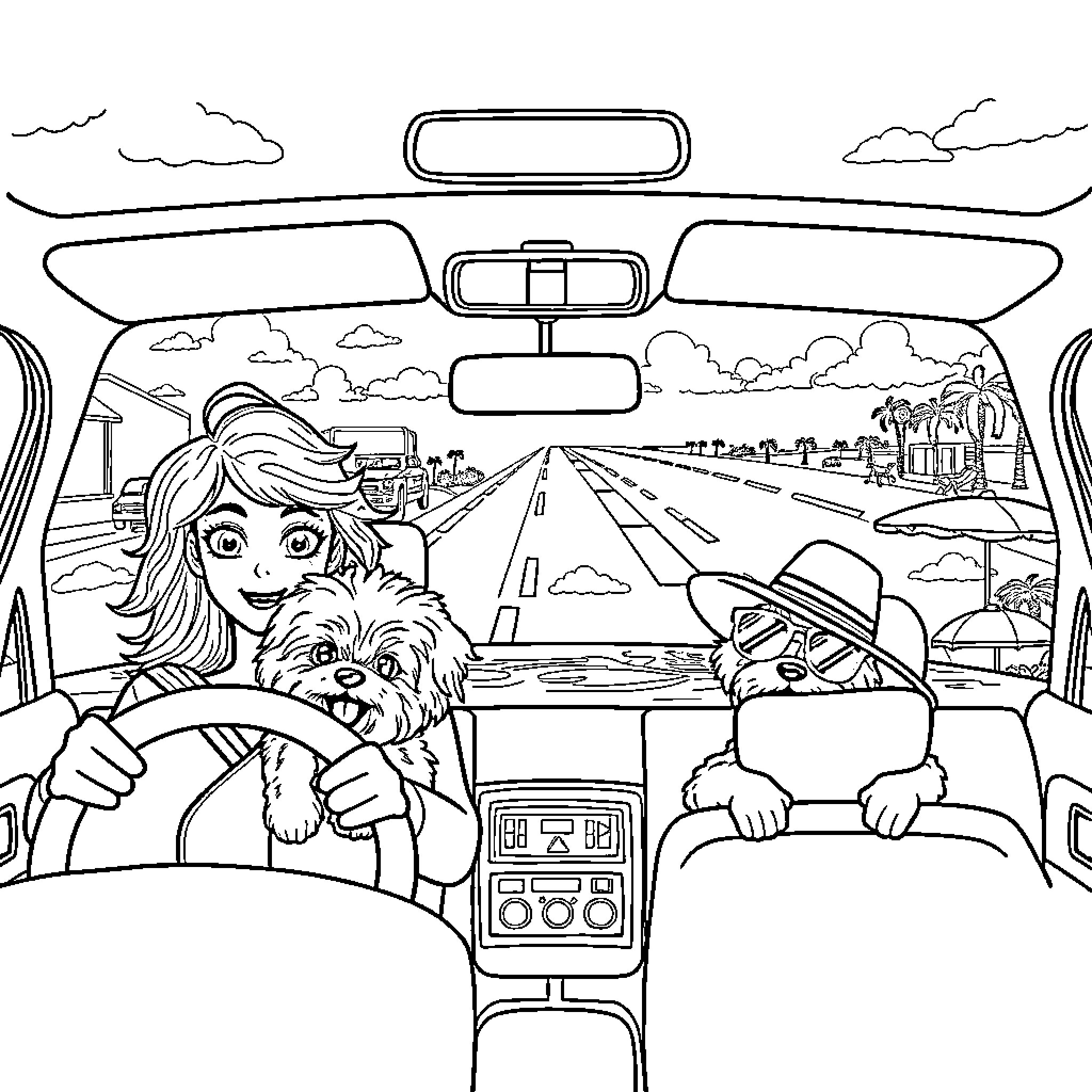 Maltipoo on a road trip with owner Coloring Page (free black-and-white line drawing printable PDF for all, from beginners to advanced learners, including children, teens, adults, and seniors)