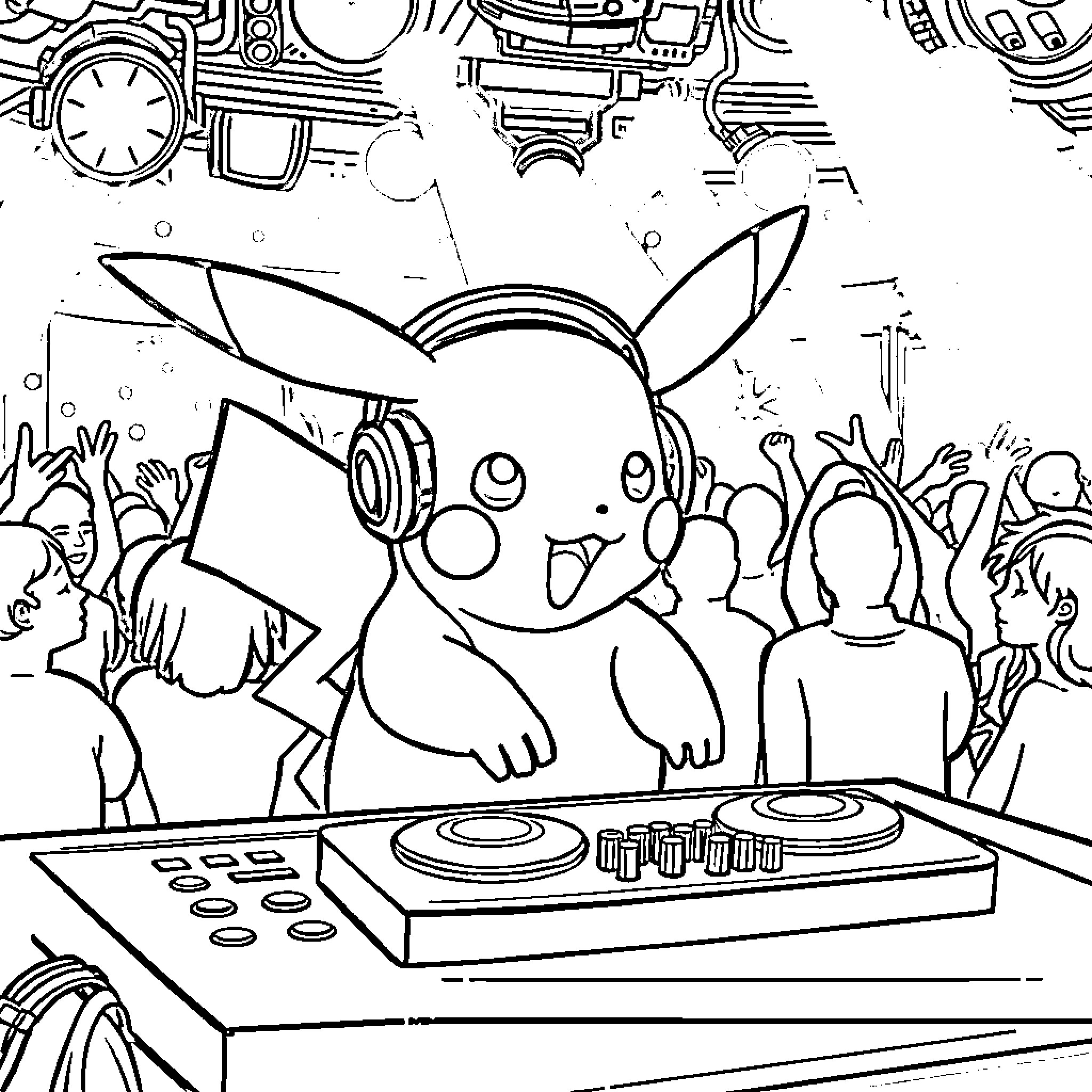 Pikachu as a DJ entertaining the crowd Coloring Page (free black-and-white line drawing printable PDF for all, from beginners to advanced learners, including children, teens, adults, and seniors)