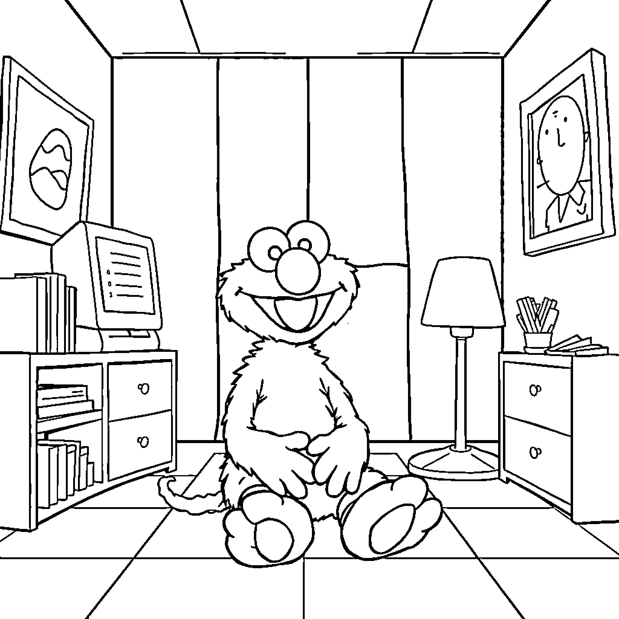 Elmo relaxing happily in a cozy room Coloring Page (free black-and-white line drawing printable PDF for all, from beginners to advanced learners, including children, teens, adults, and seniors)