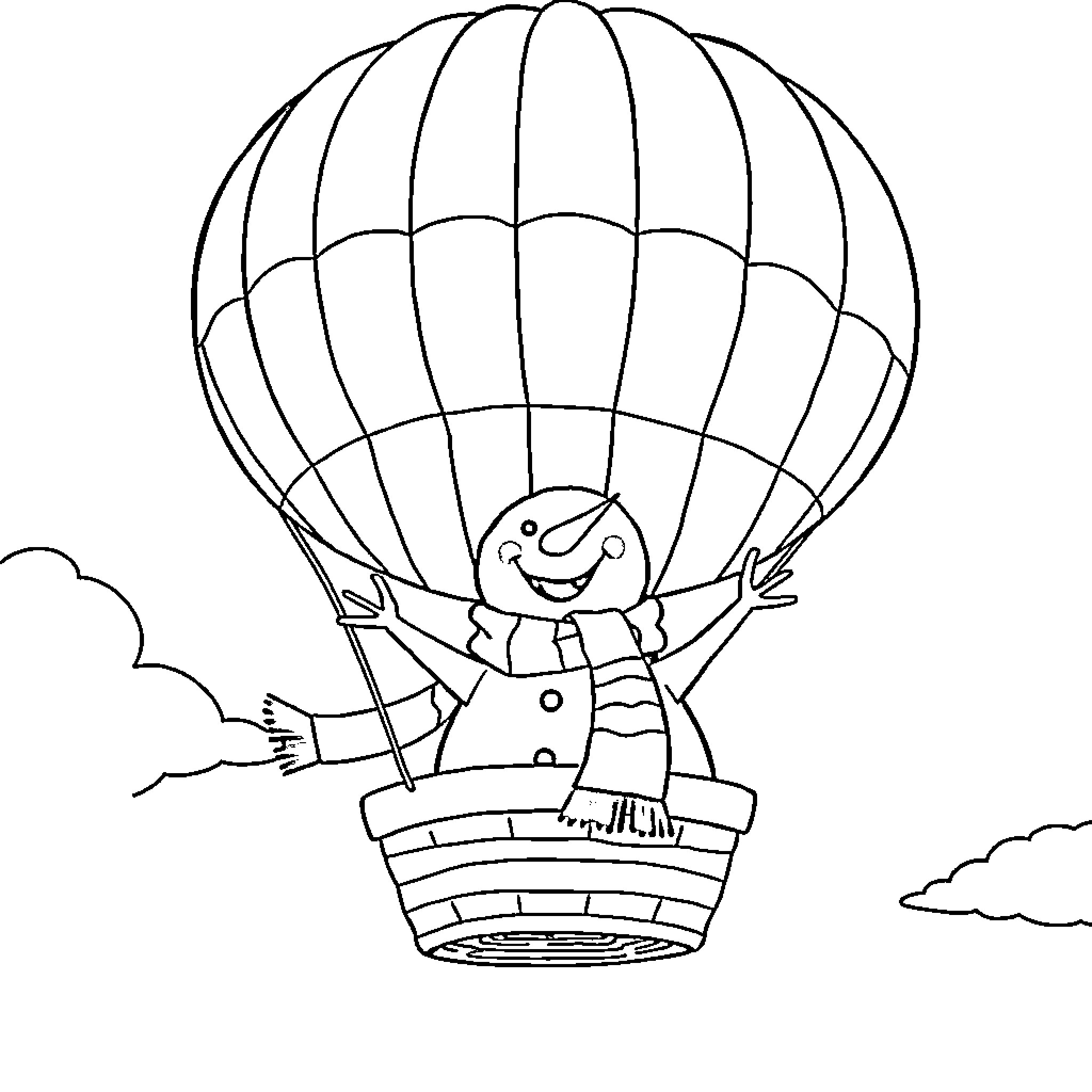 Snowman enjoying a hot air balloon ride Coloring Page (free black-and-white line drawing printable PDF for all, from beginners to advanced learners, including children, teens, adults, and seniors)