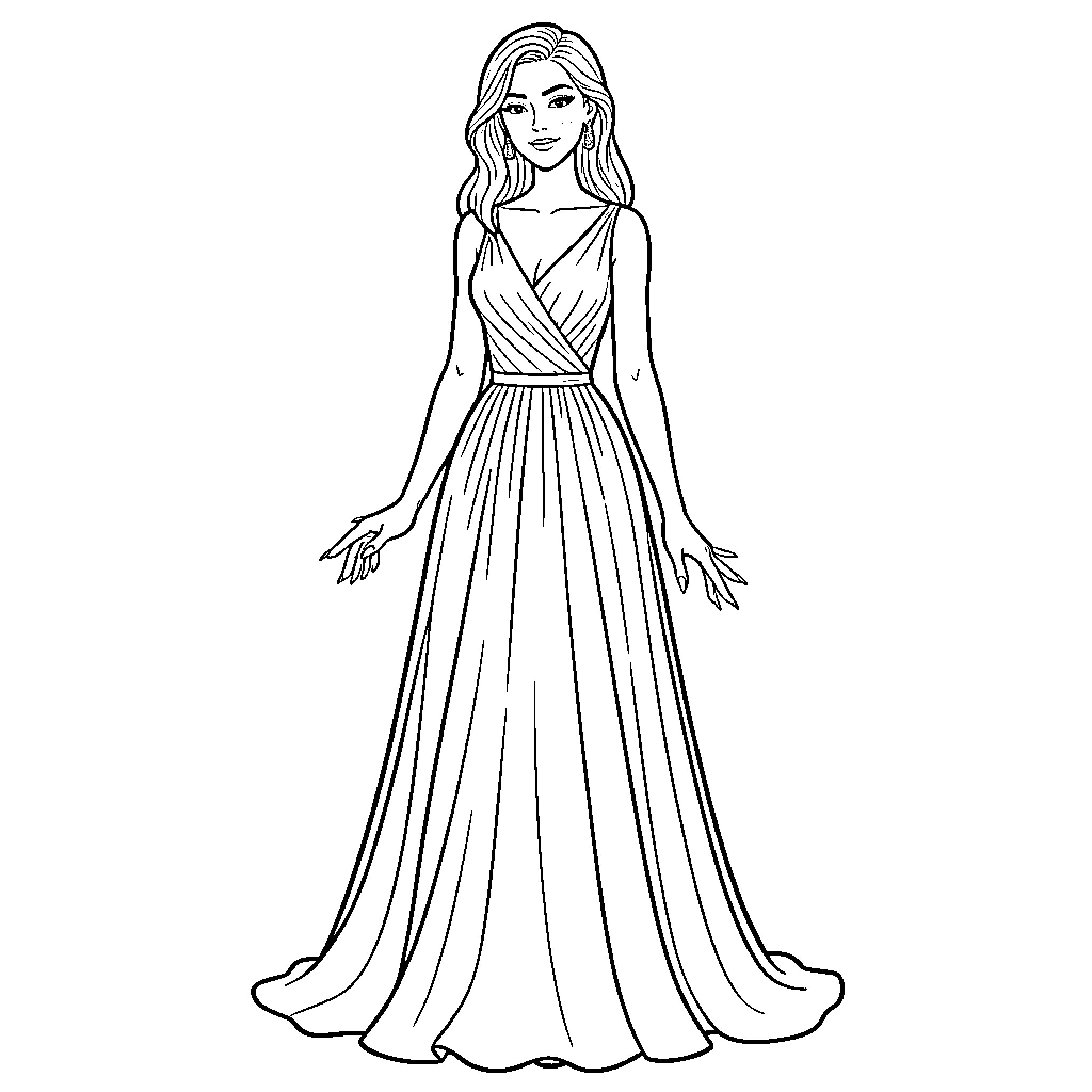 Woman in elegant evening gown Coloring Page (free black-and-white line drawing printable PDF for all, from beginners to advanced learners, including children, teens, adults, and seniors)