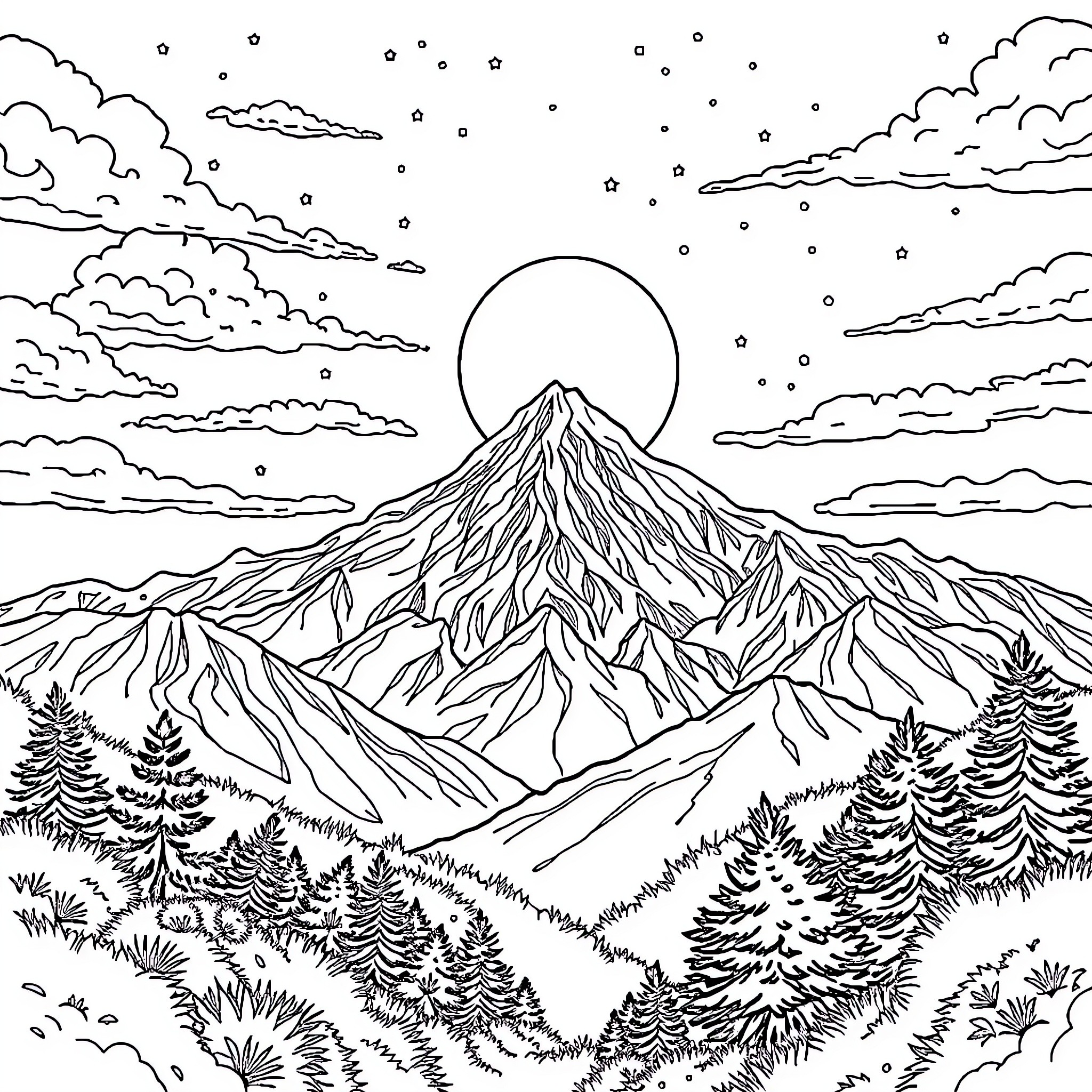 View of a Majestic Mountain Landscape in Moonlight Coloring Page (free black-and-white line drawing printable PDF for all, from beginners to advanced learners, including children, teens, adults, and seniors)