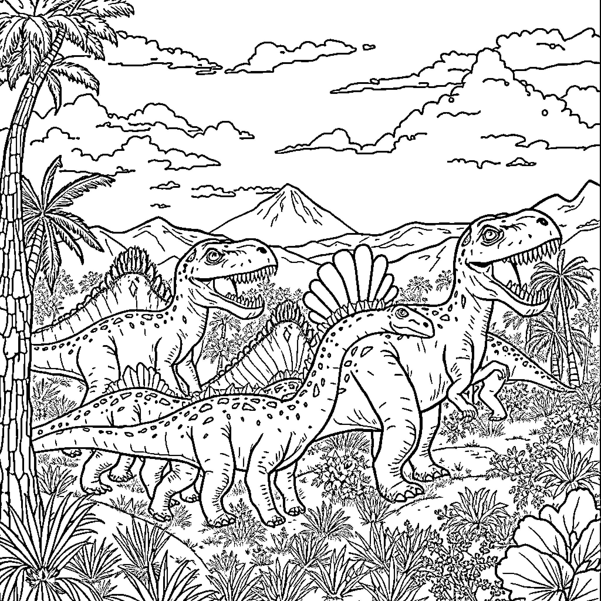 Dinosaurs Roaming in Prehistoric Landscape Coloring Page (free black-and-white line drawing printable PDF for all, from beginners to advanced learners, including children, teens, adults, and seniors)