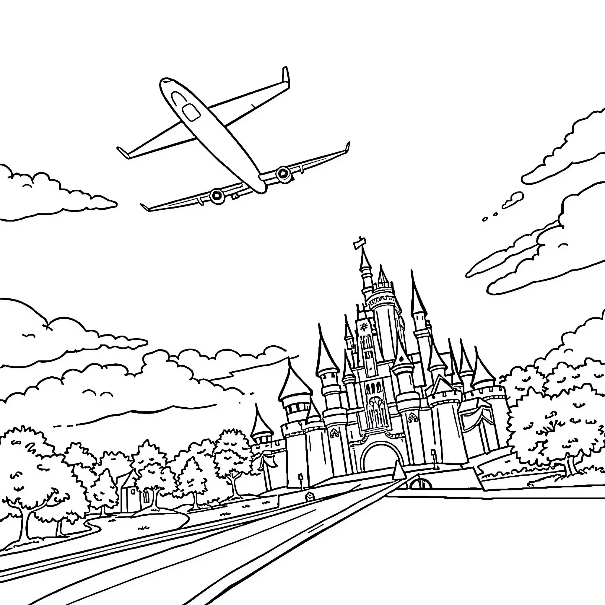 Plane flying over fantasy castle in the clouds Coloring Page (free black-and-white line drawing printable PDF for all, from beginners to advanced learners, including children, teens, adults, and seniors)