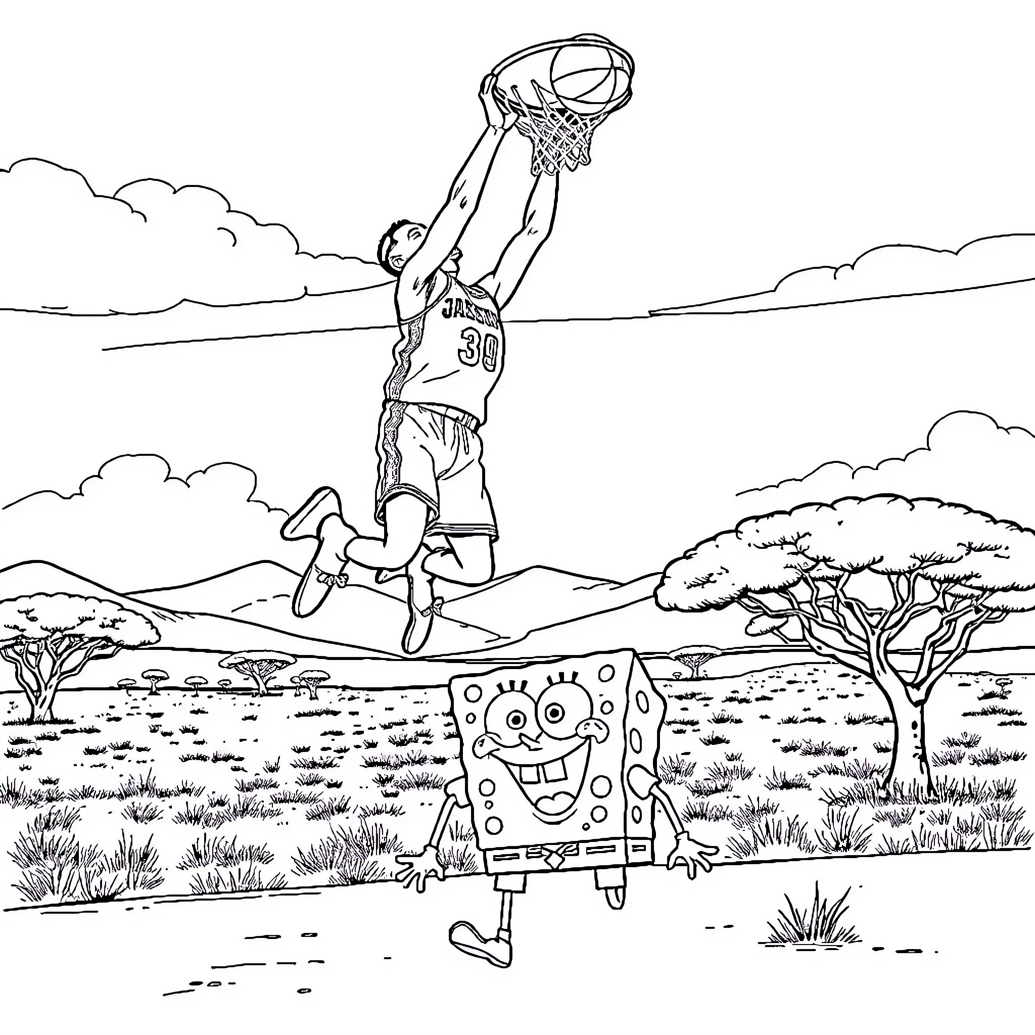 Jayson Tatum dunking on Spongebob in the savanna Coloring Page (free black-and-white line drawing printable PDF for all, from beginners to advanced learners, including children, teens, adults, and seniors)