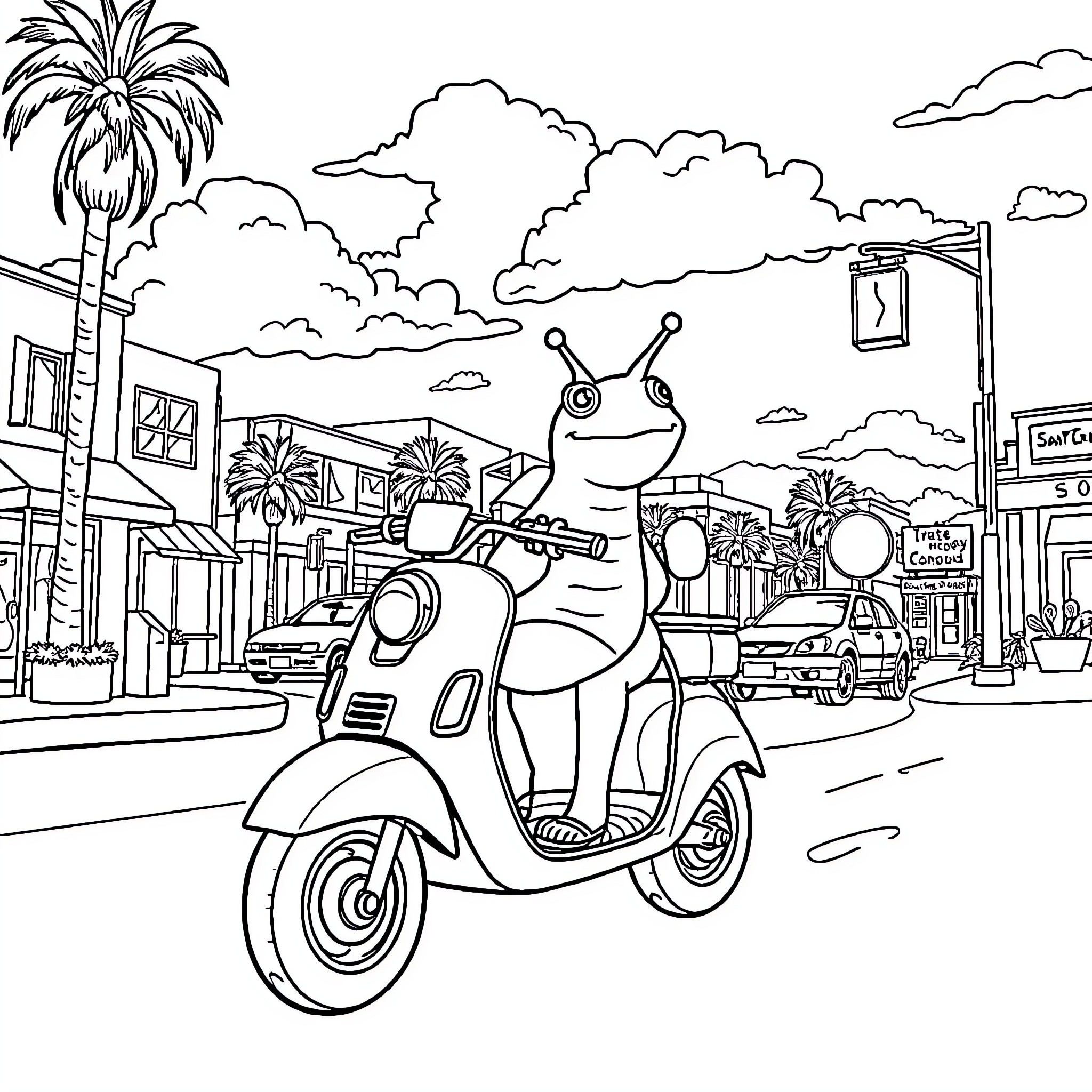 Slug riding scooter through busy city street Coloring Page (free black-and-white line drawing printable PDF for all, from beginners to advanced learners, including children, teens, adults, and seniors)