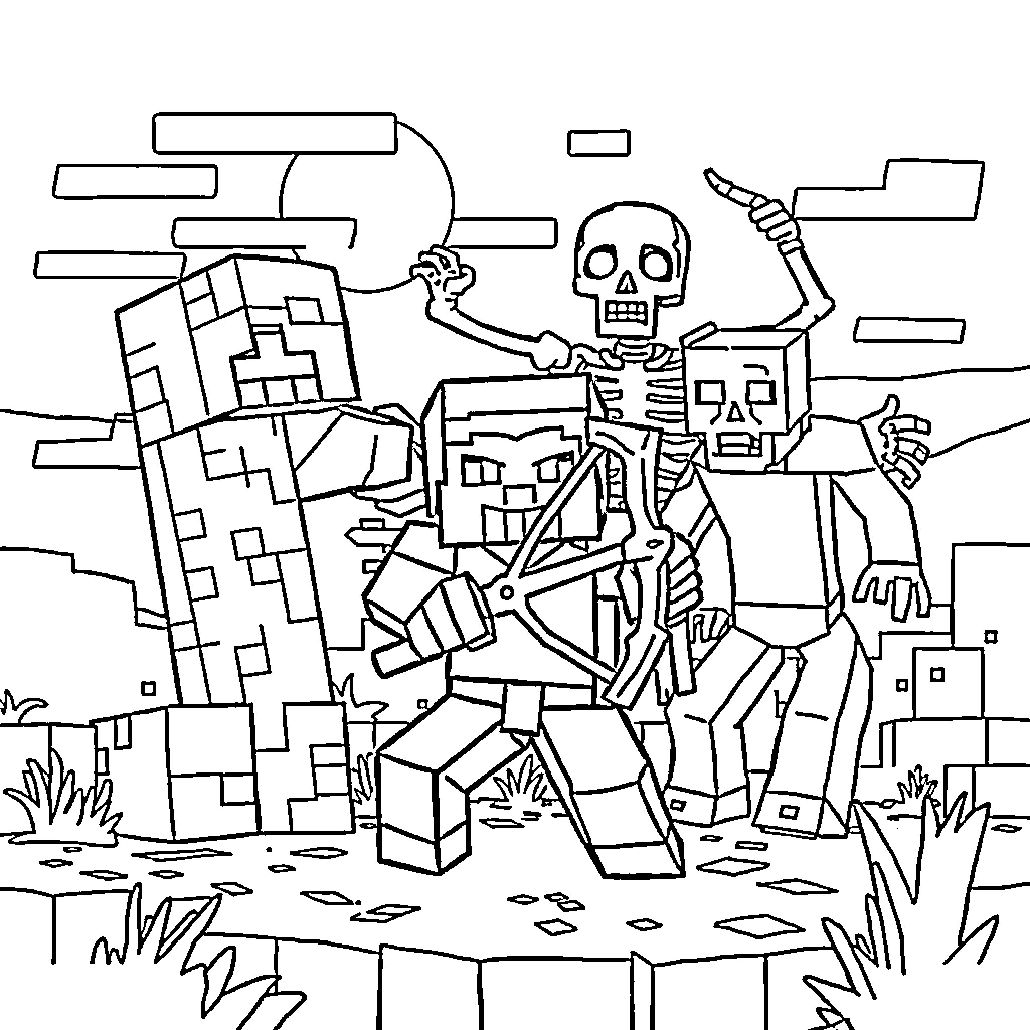 Steve's Spooky Skeleton Adventure in the Blocky Landscape Coloring Page (free black-and-white line drawing printable PDF for all, from beginners to advanced learners, including children, teens, adults, and seniors)