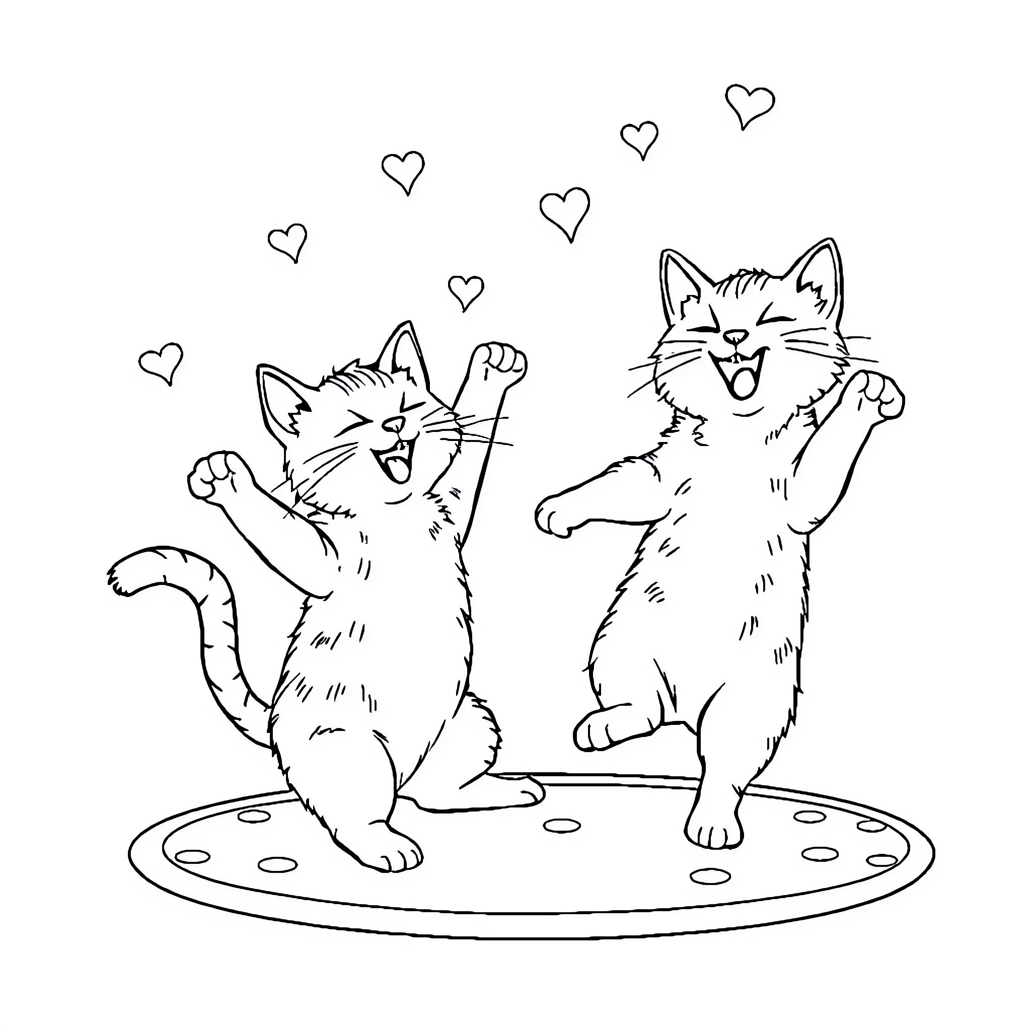 Cats frolicking playfully with hearts Coloring Page (free black-and-white line drawing printable PDF for all, from beginners to advanced learners, including children, teens, adults, and seniors)