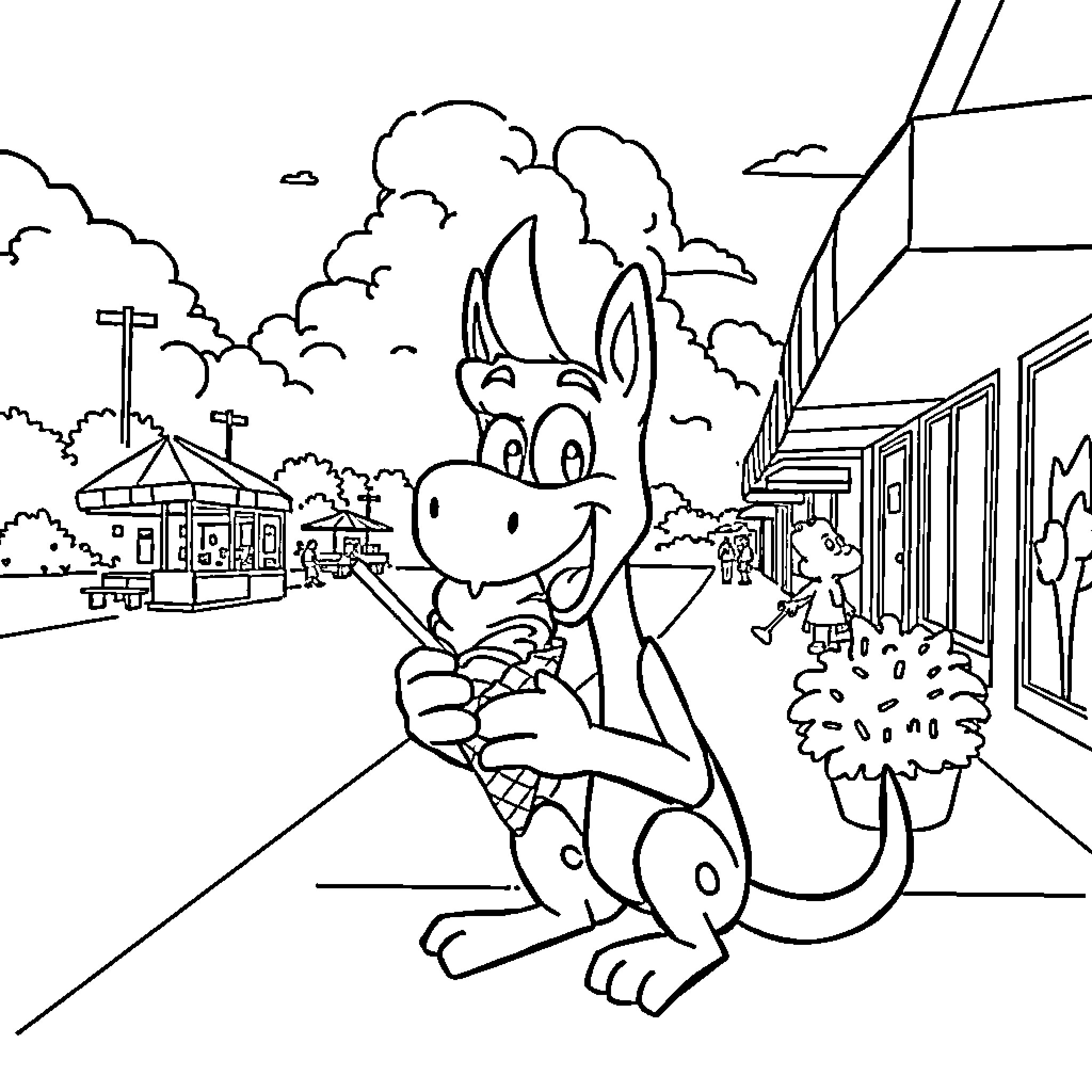 Ice Cream Delight in a Whimsical Town Coloring Page (free black-and-white line drawing printable PDF for all, from beginners to advanced learners, including children, teens, adults, and seniors)