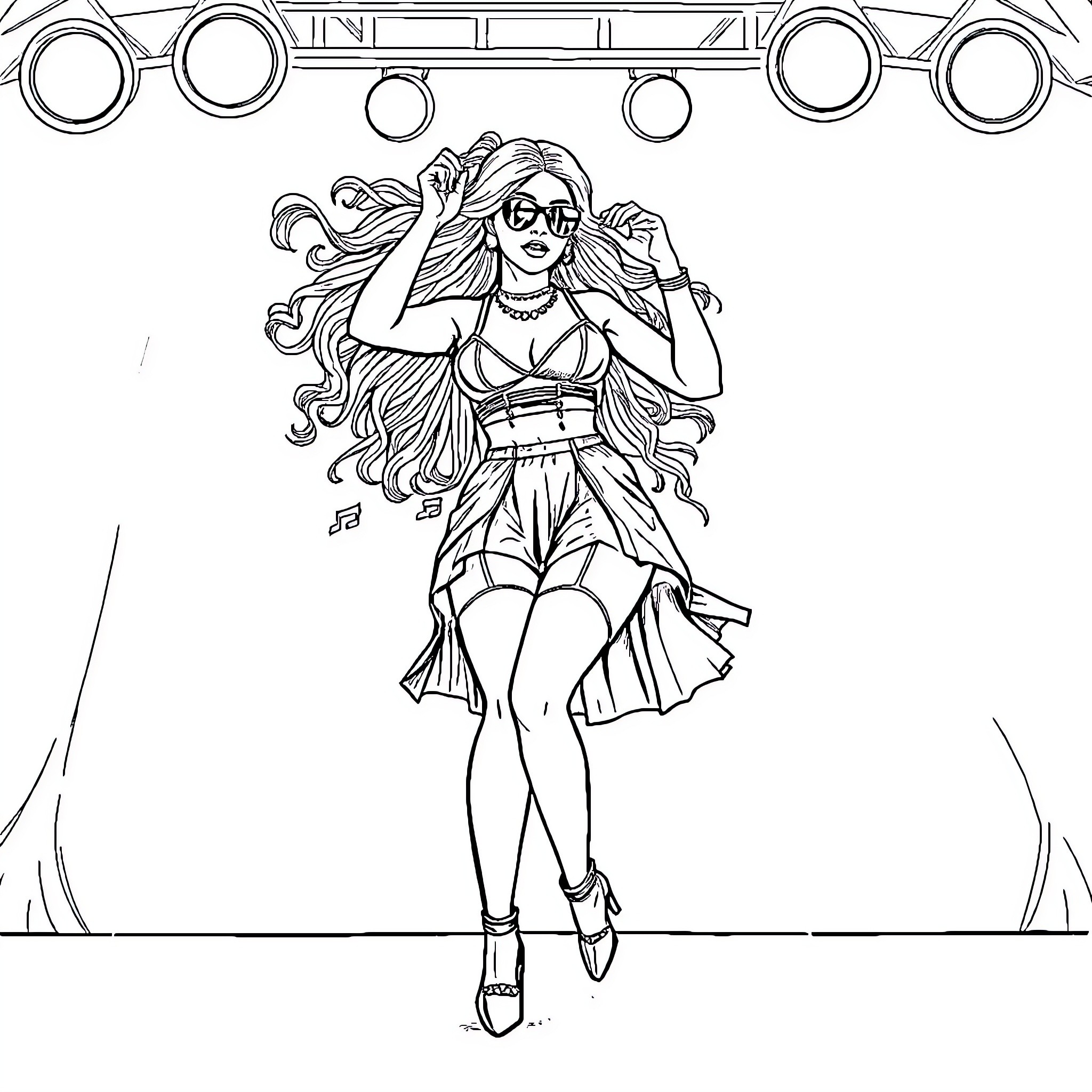 Nicki Minaj's Energetic Performance on Stage Coloring Page (free black-and-white line drawing printable PDF for all, from beginners to advanced learners, including children, teens, adults, and seniors)