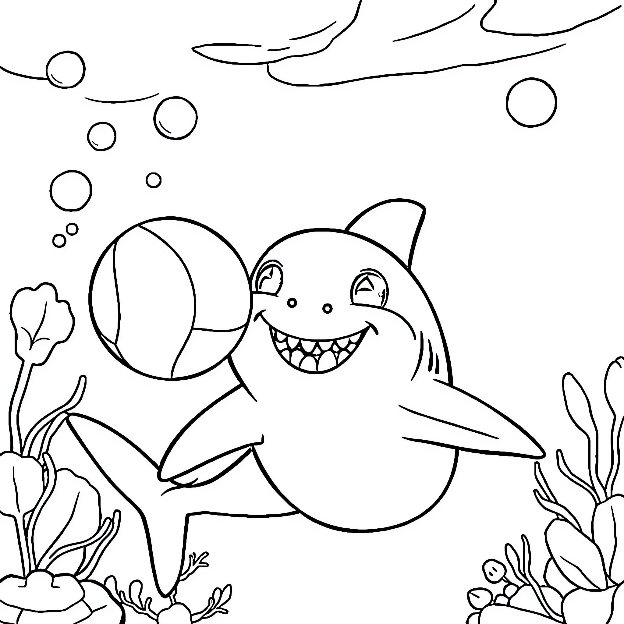 Shark playing joyfully in the ocean Coloring Page (free black-and-white line drawing printable PDF for all, from beginners to advanced learners, including children, teens, adults, and seniors)