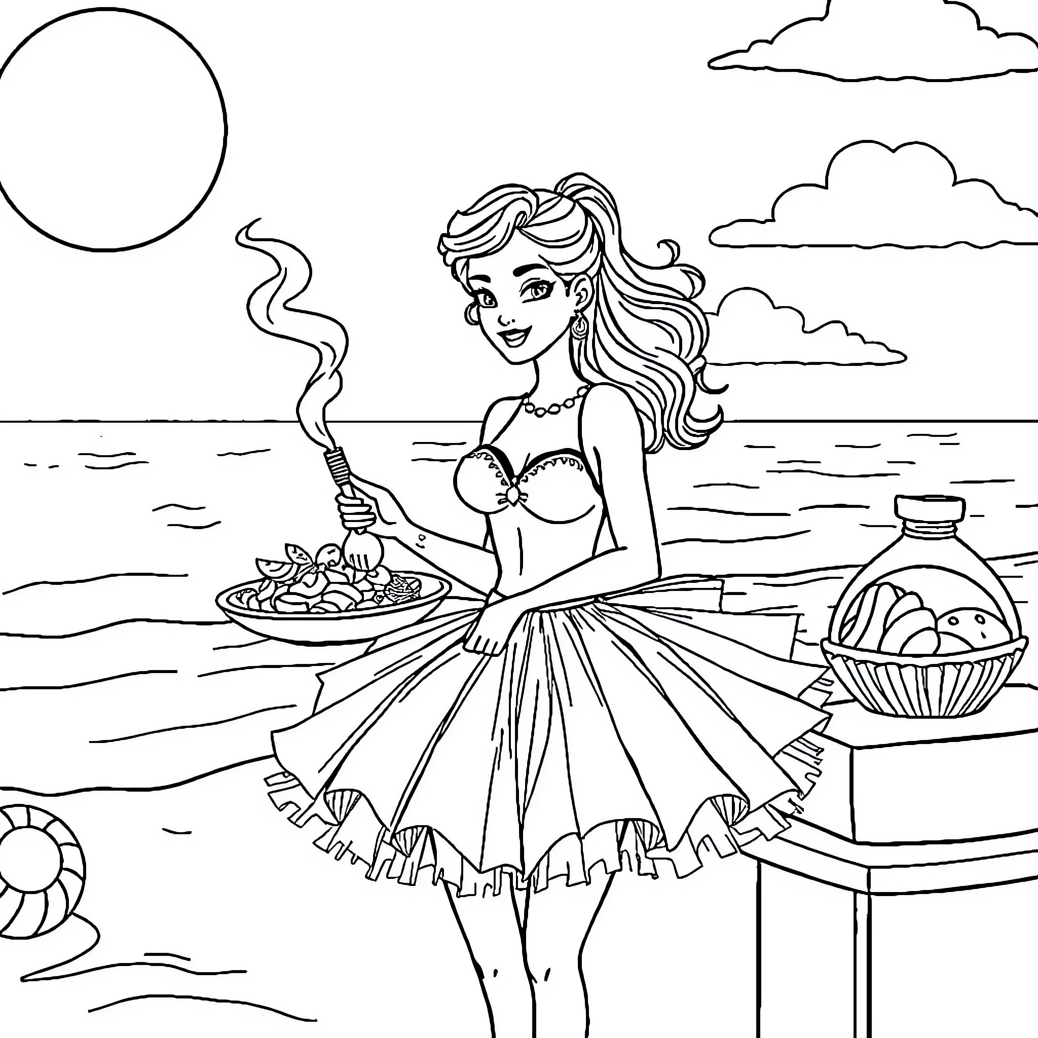 Cook enjoying beachside picnic on a sunny day Coloring Page (free black-and-white line drawing printable PDF for all, from beginners to advanced learners, including children, teens, adults, and seniors)