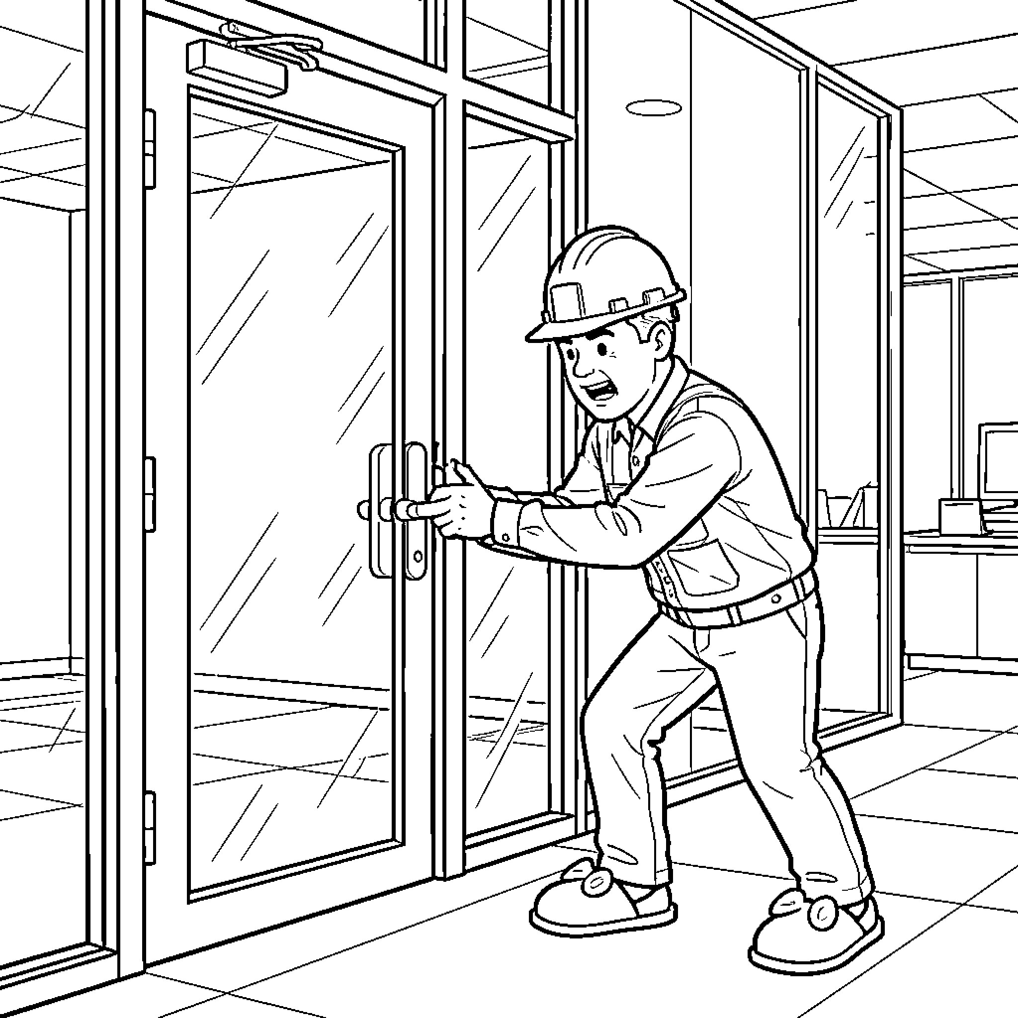 Door being opened by a man in a hard hat Coloring Page (free black-and-white line drawing printable PDF for all, from beginners to advanced learners, including children, teens, adults, and seniors)
