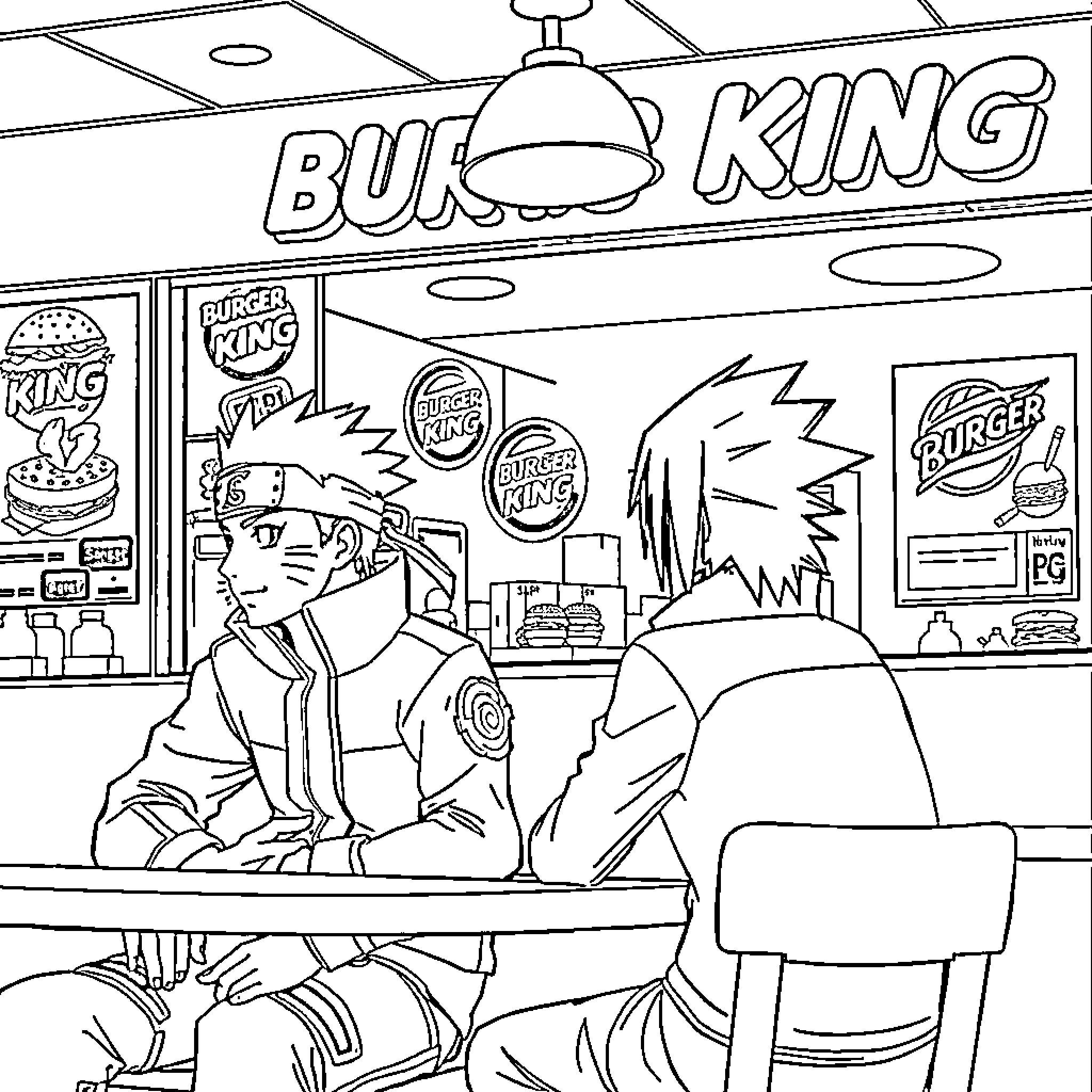 Naruto characters at Burger King restaurant Coloring Page (free black-and-white line drawing printable PDF for all, from beginners to advanced learners, including children, teens, adults, and seniors)