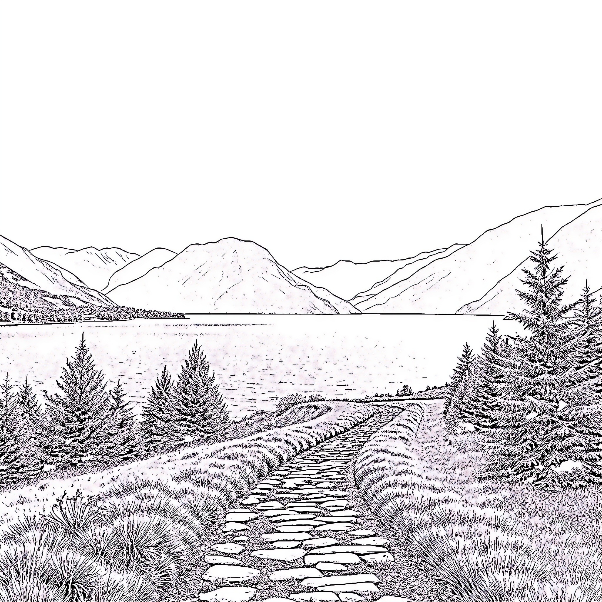 Lake landscape with mountainous terrain and walking path Coloring Page (free black-and-white line drawing printable PDF for all, from beginners to advanced learners, including children, teens, adults, and seniors)