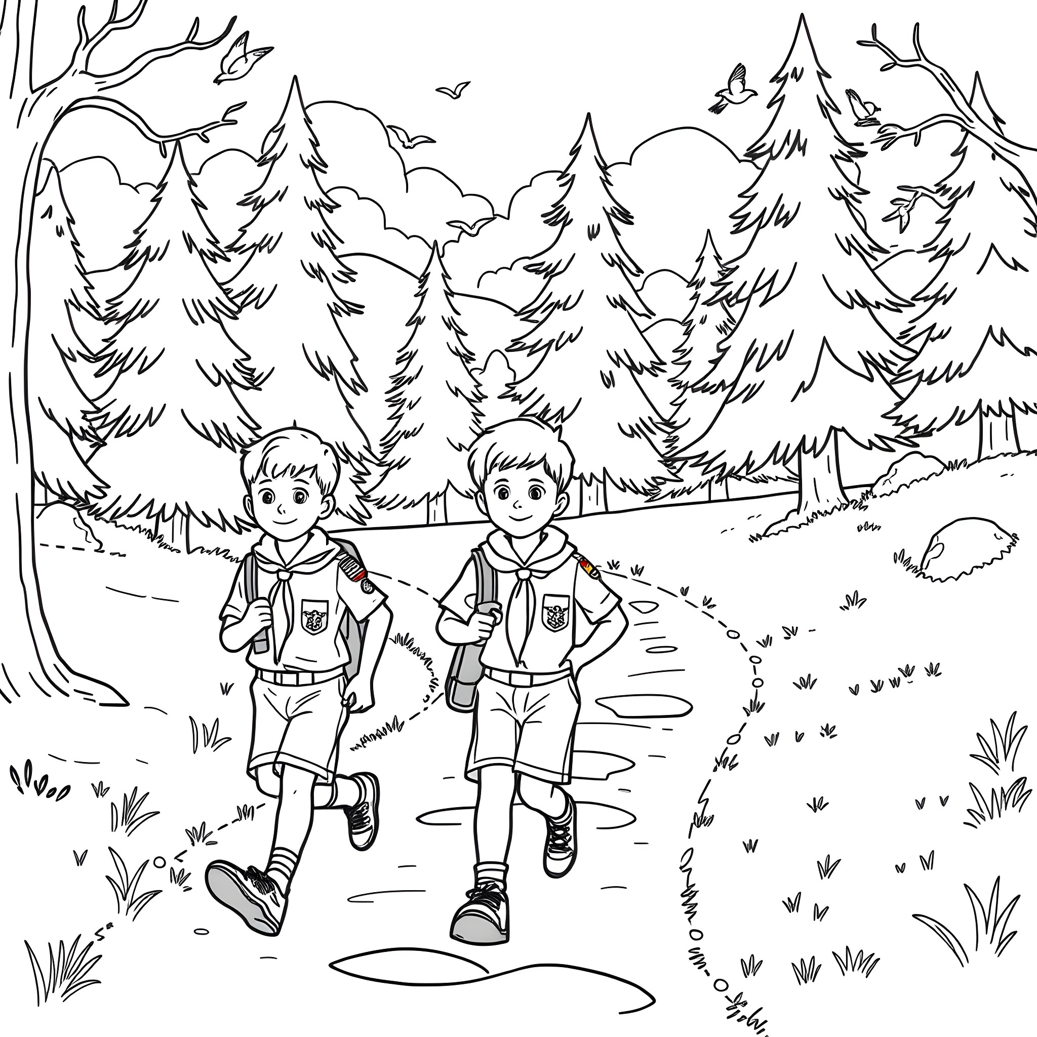Boys Hiking Through Scenic Forest Landscape Coloring Page (free black-and-white line drawing printable PDF for all, from beginners to advanced learners, including children, teens, adults, and seniors)