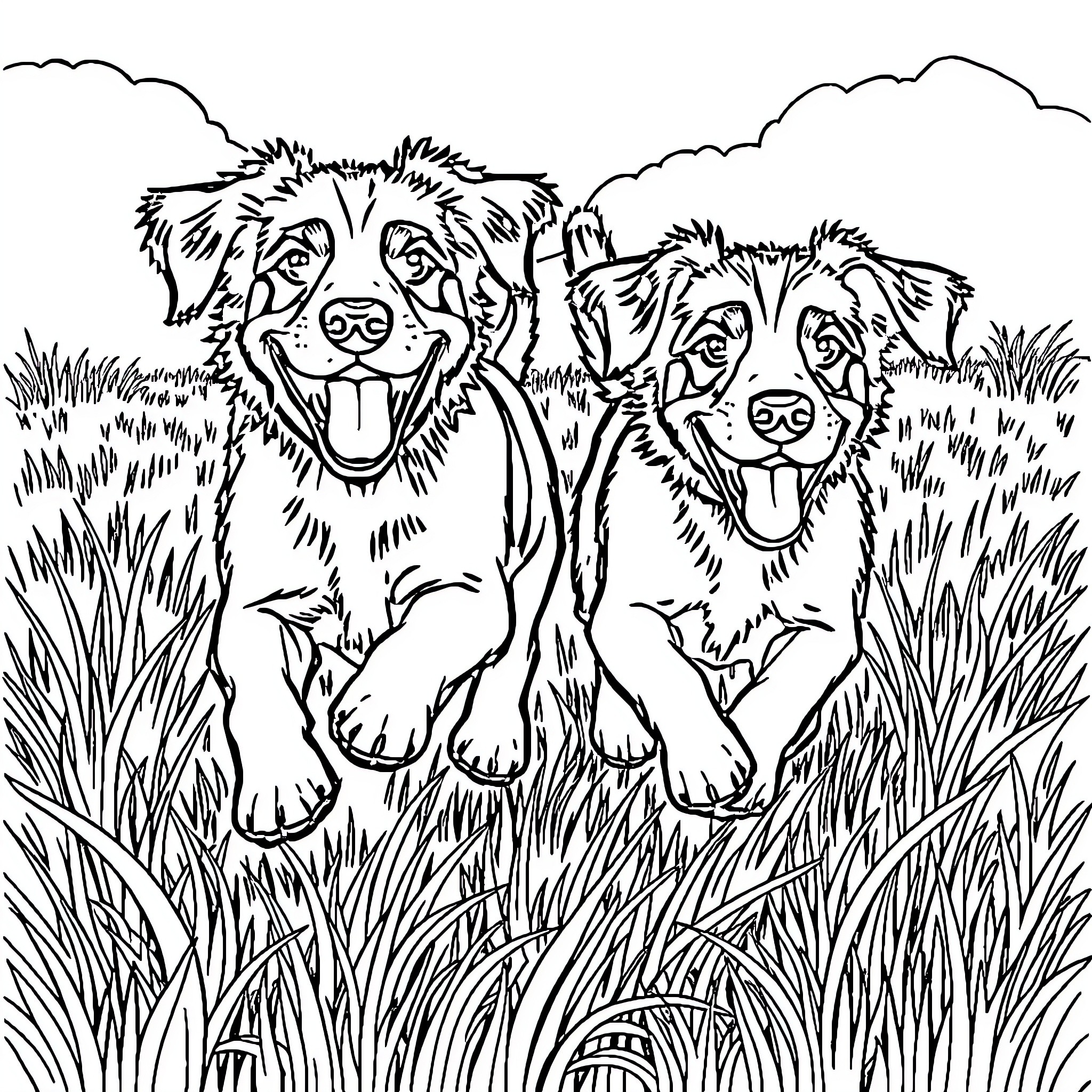 Dog friends playing together in the grass Coloring Page (free black-and-white line drawing printable PDF for all, from beginners to advanced learners, including children, teens, adults, and seniors)