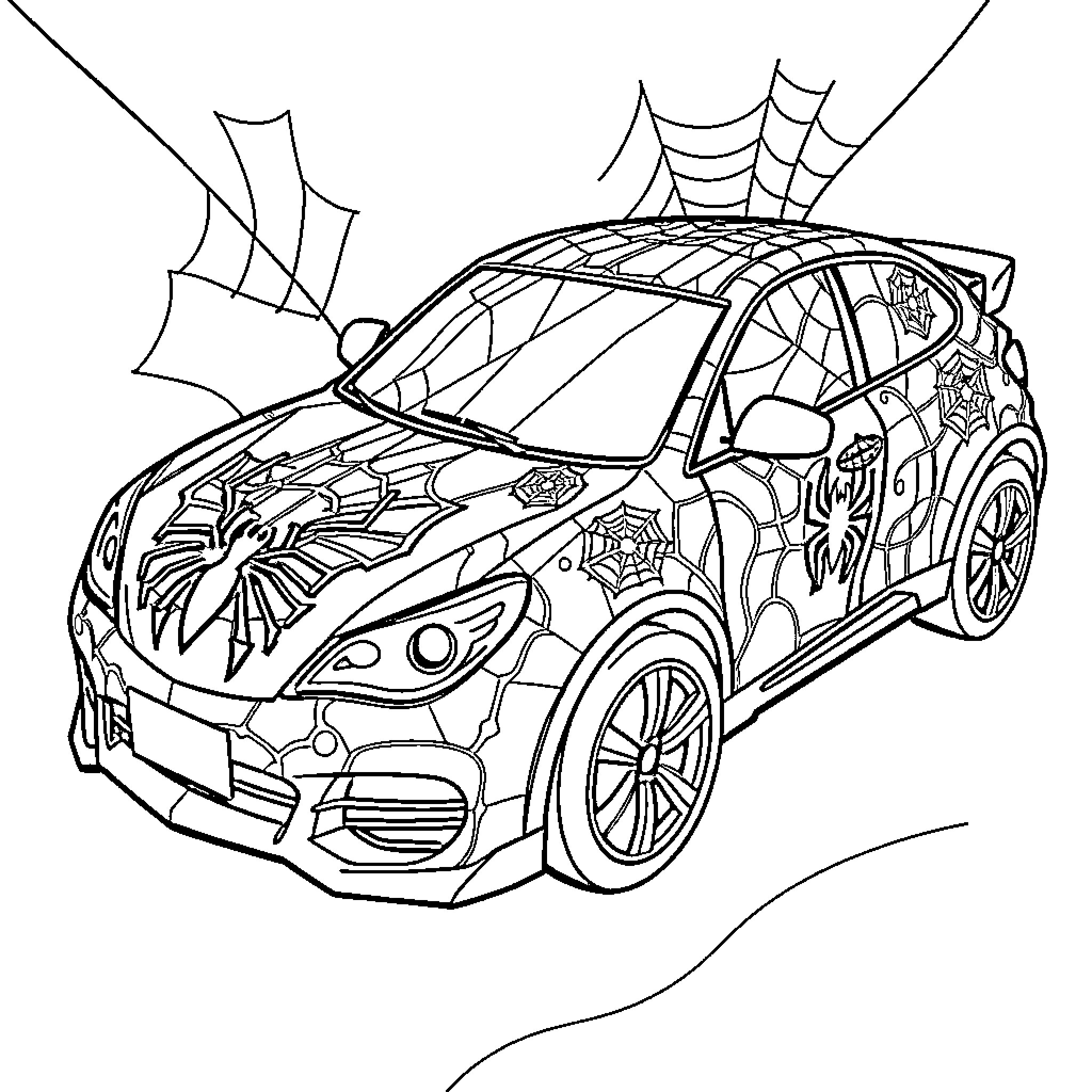 Spider-Man themed car with spiderweb details Coloring Page (free black-and-white line drawing printable PDF for all, from beginners to advanced learners, including children, teens, adults, and seniors)