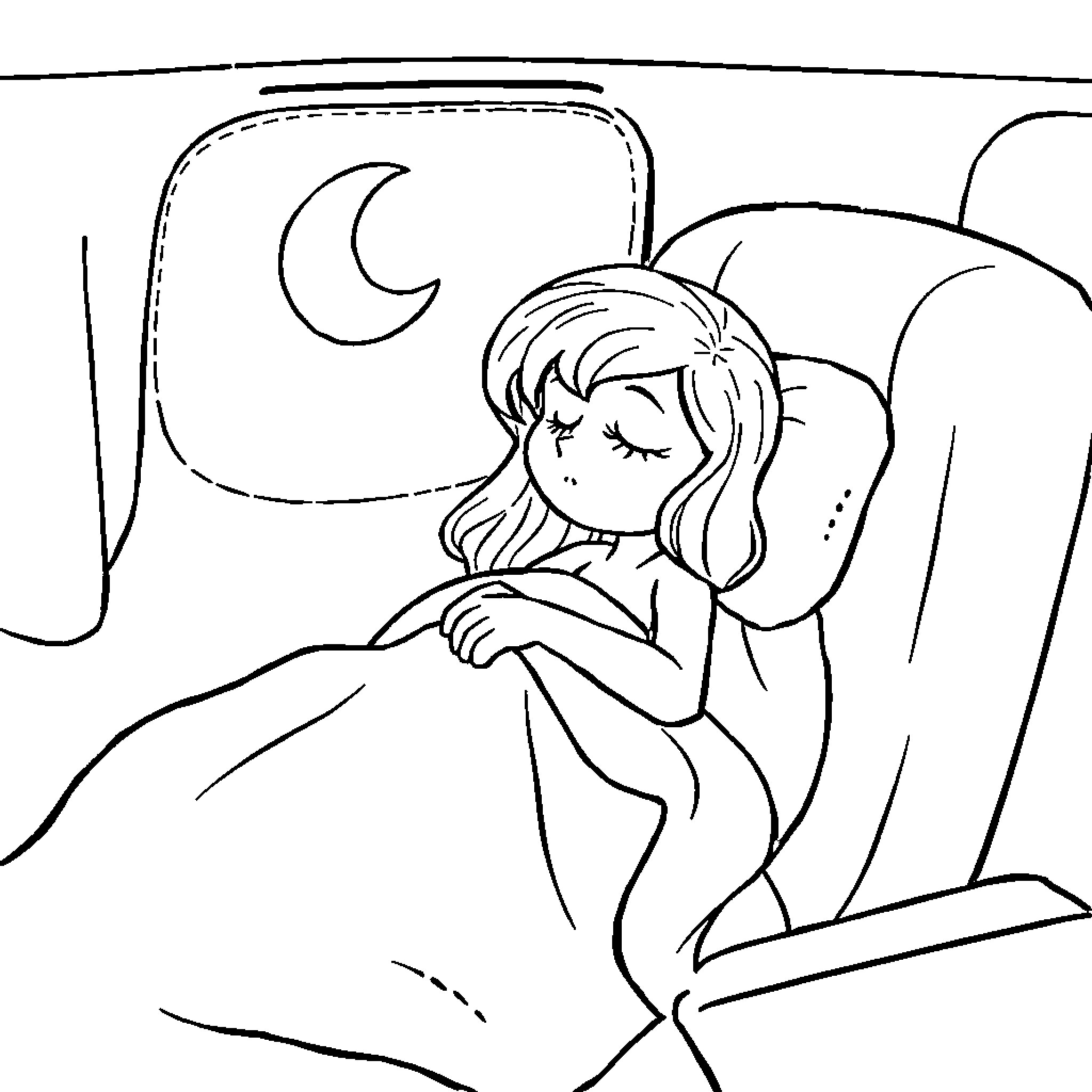 Gabby resting peacefully under the moonlight Coloring Page (free black-and-white line drawing printable PDF for all, from beginners to advanced learners, including children, teens, adults, and seniors)