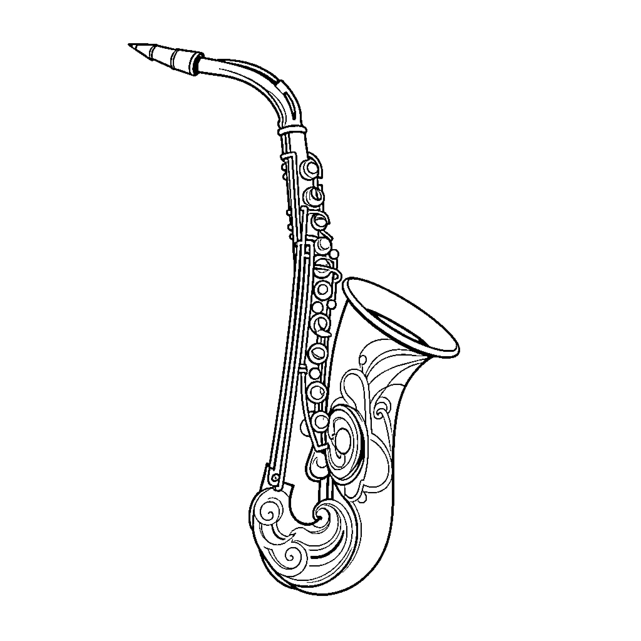 Saxophone with ornate details Coloring Page (free black-and-white line drawing printable PDF for all, from beginners to advanced learners, including children, teens, adults, and seniors)