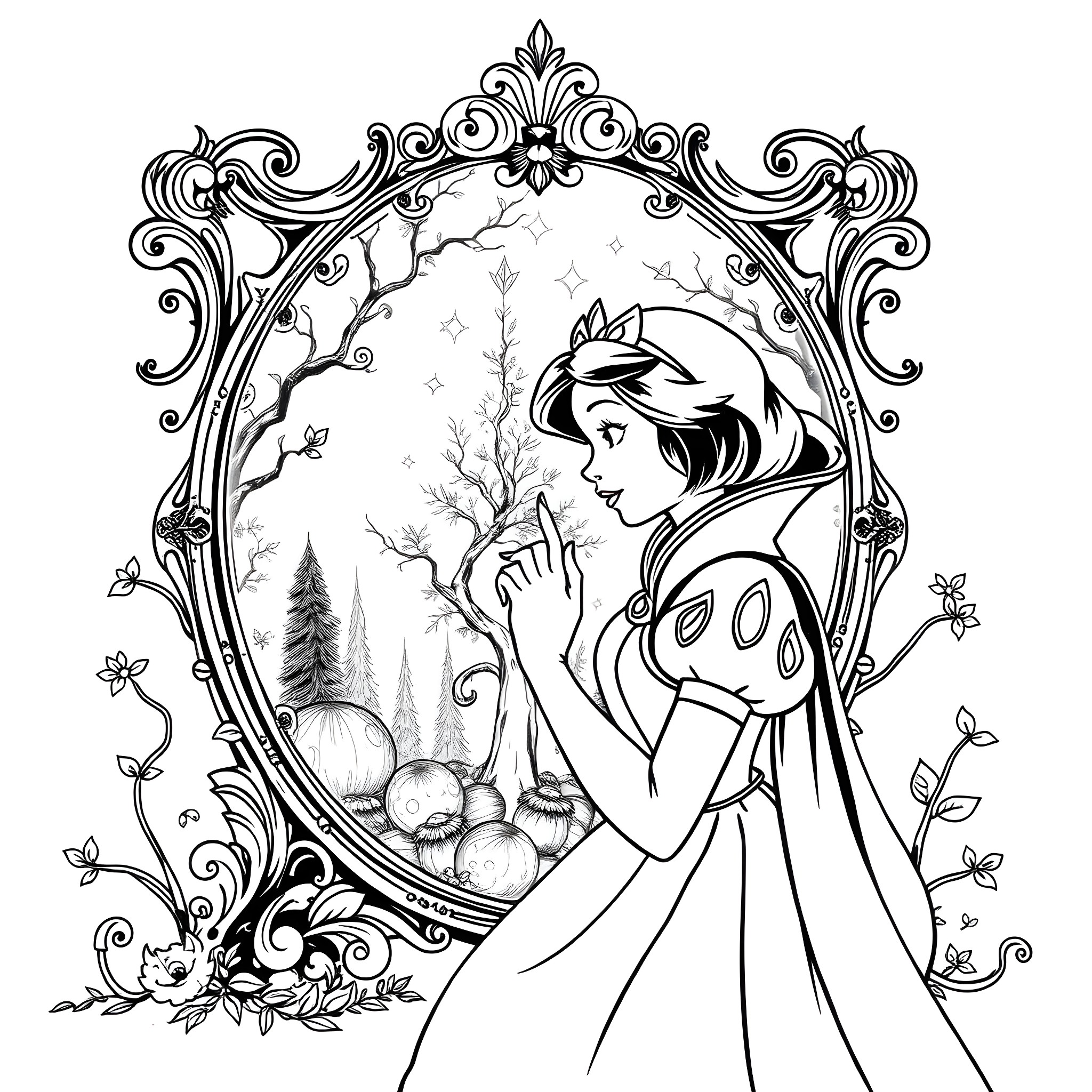 Magic Mirror of Snow White's Enchanting Reflection Coloring Page (free black-and-white line drawing printable PDF for all, from beginners to advanced learners, including children, teens, adults, and seniors)