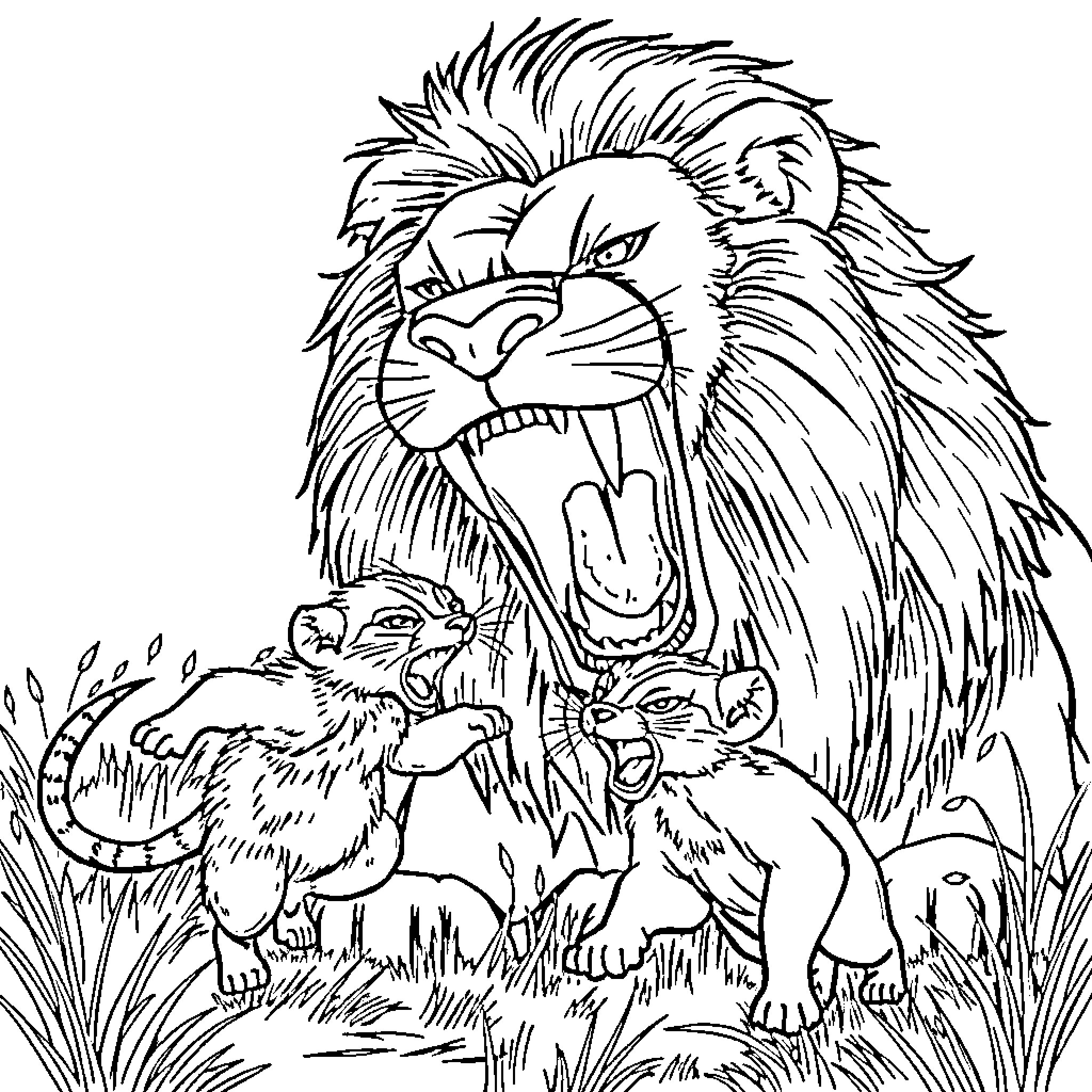 Lion roaring fiercely to protect its cubs Coloring Page (free black-and-white line drawing printable PDF for all, from beginners to advanced learners, including children, teens, adults, and seniors)