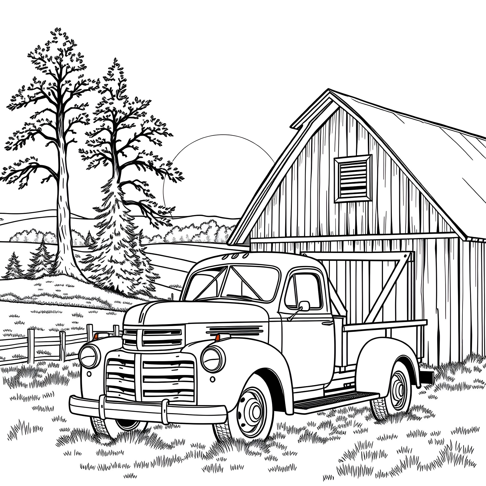 Truck parked next to rustic barn in countryside Coloring Page (free black-and-white line drawing printable PDF for all, from beginners to advanced learners, including children, teens, adults, and seniors)