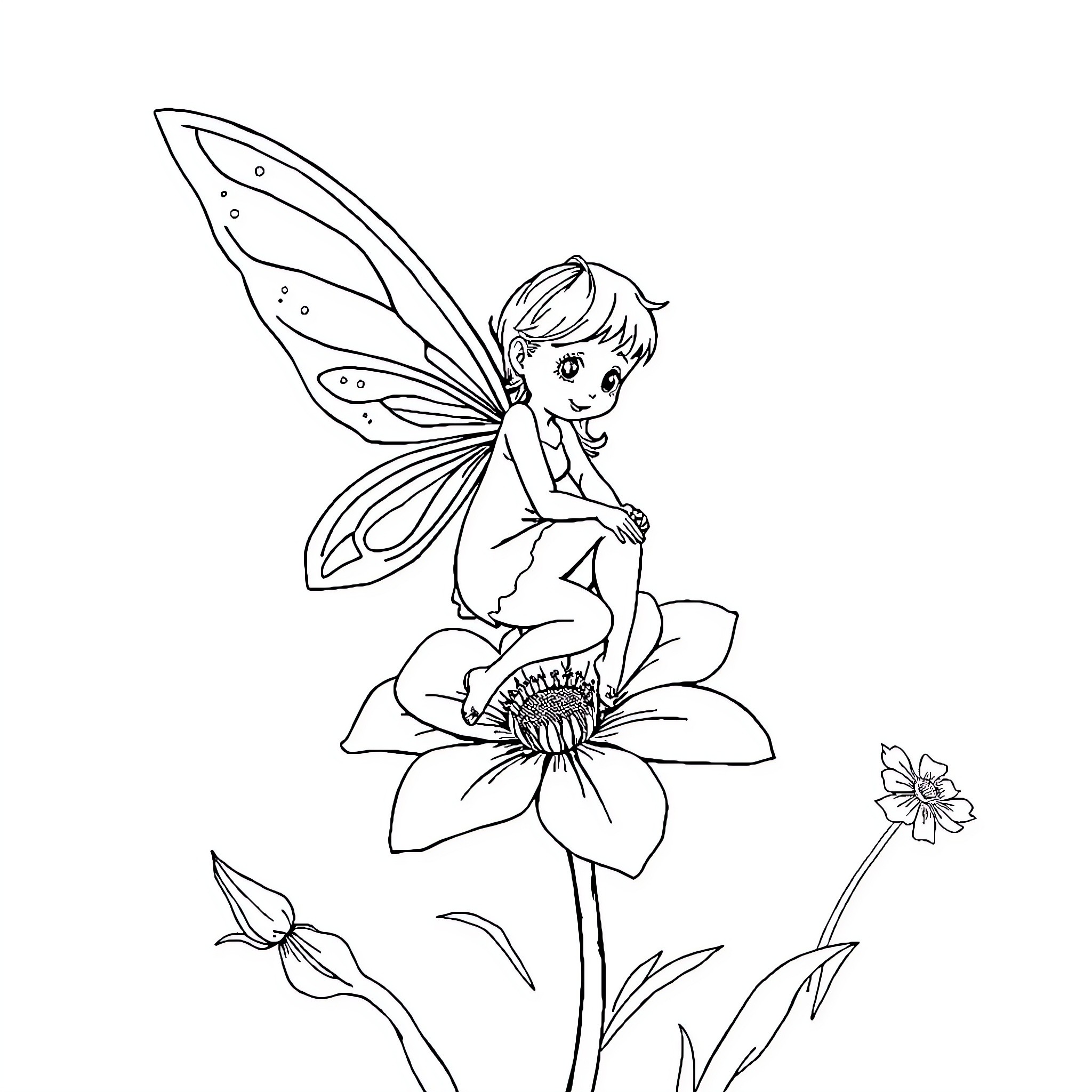 Fairy sitting on a flower with butterfly friends Coloring Page (free black-and-white line drawing printable PDF for all, from beginners to advanced learners, including children, teens, adults, and seniors)