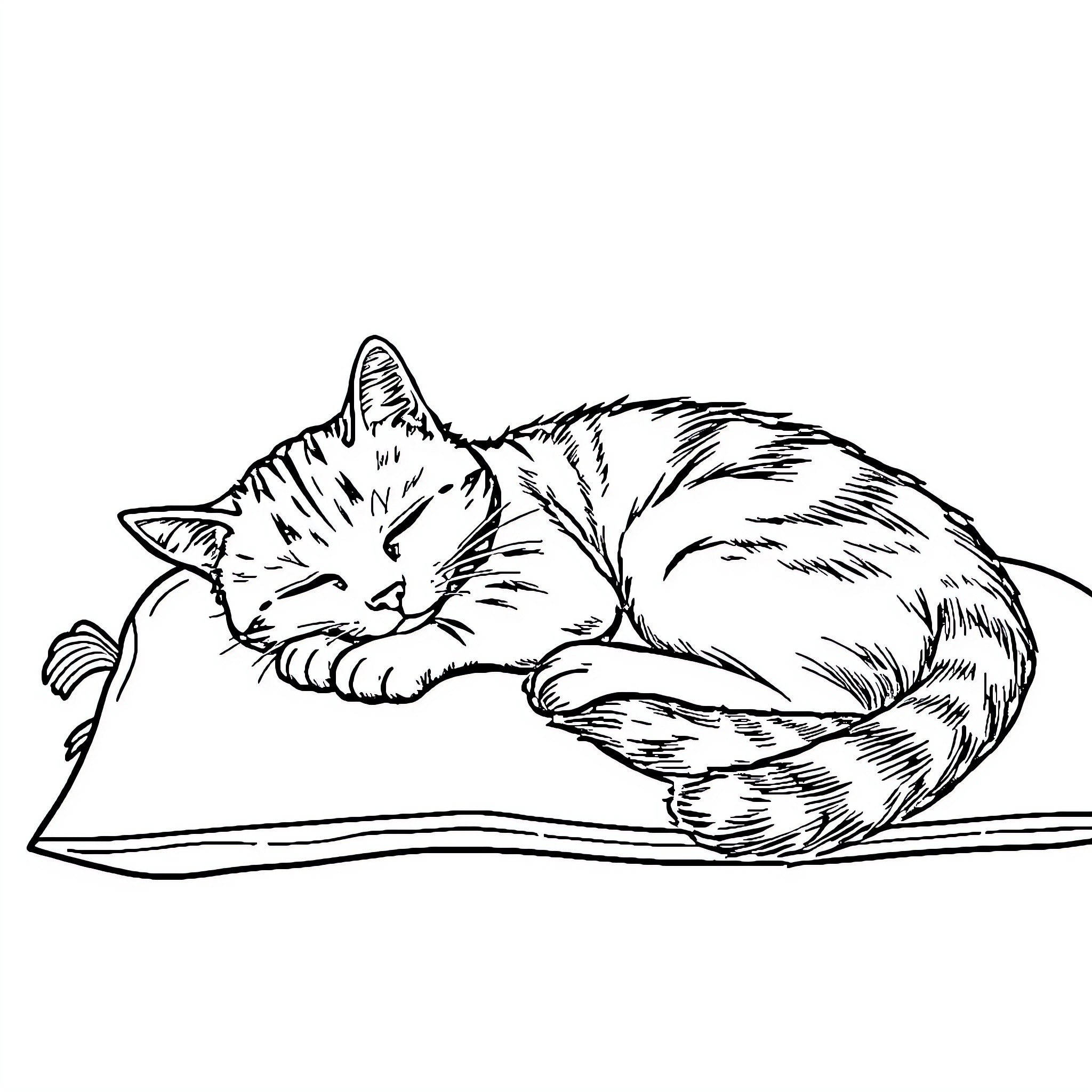 Cat resting comfortably on soft surface Coloring Page (free black-and-white line drawing printable PDF for all, from beginners to advanced learners, including children, teens, adults, and seniors)