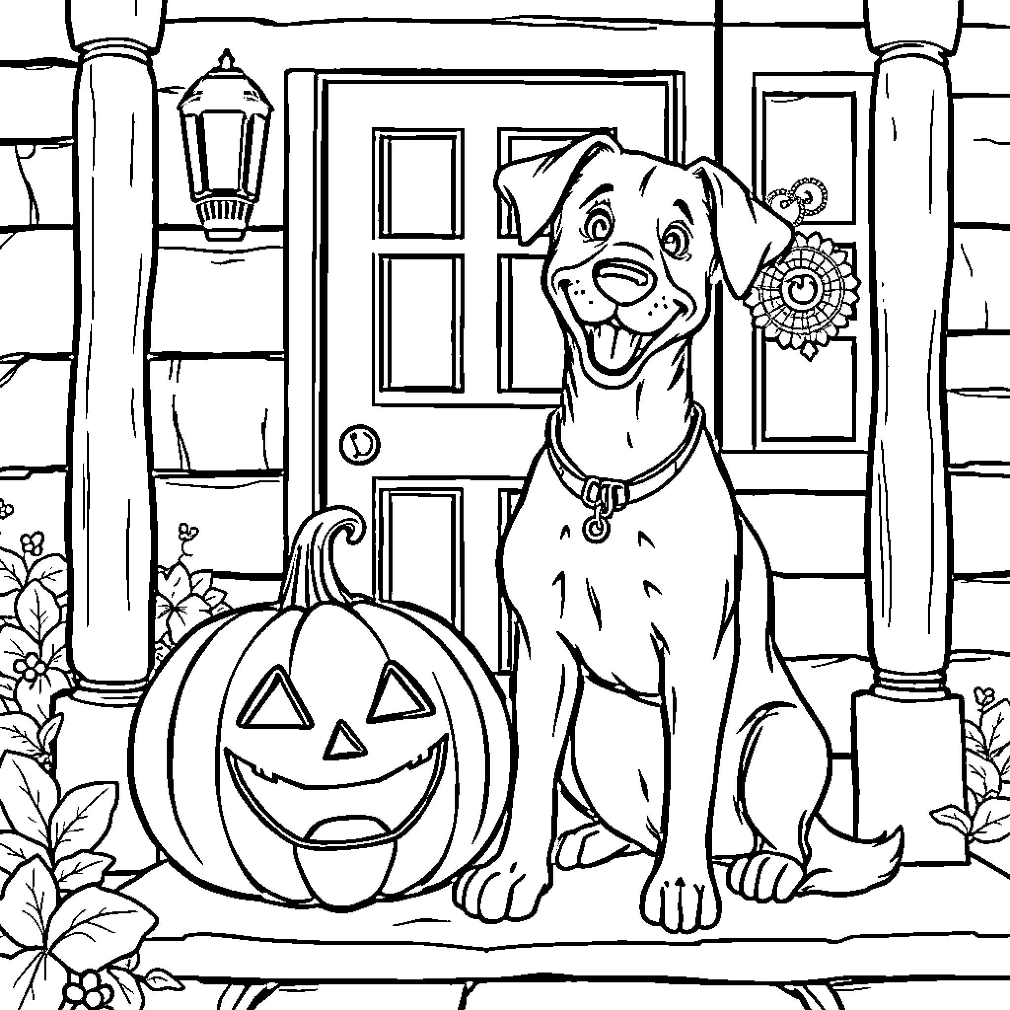 Dog waiting by the front door for Halloween Coloring Page (free black-and-white line drawing printable PDF for all, from beginners to advanced learners, including children, teens, adults, and seniors)