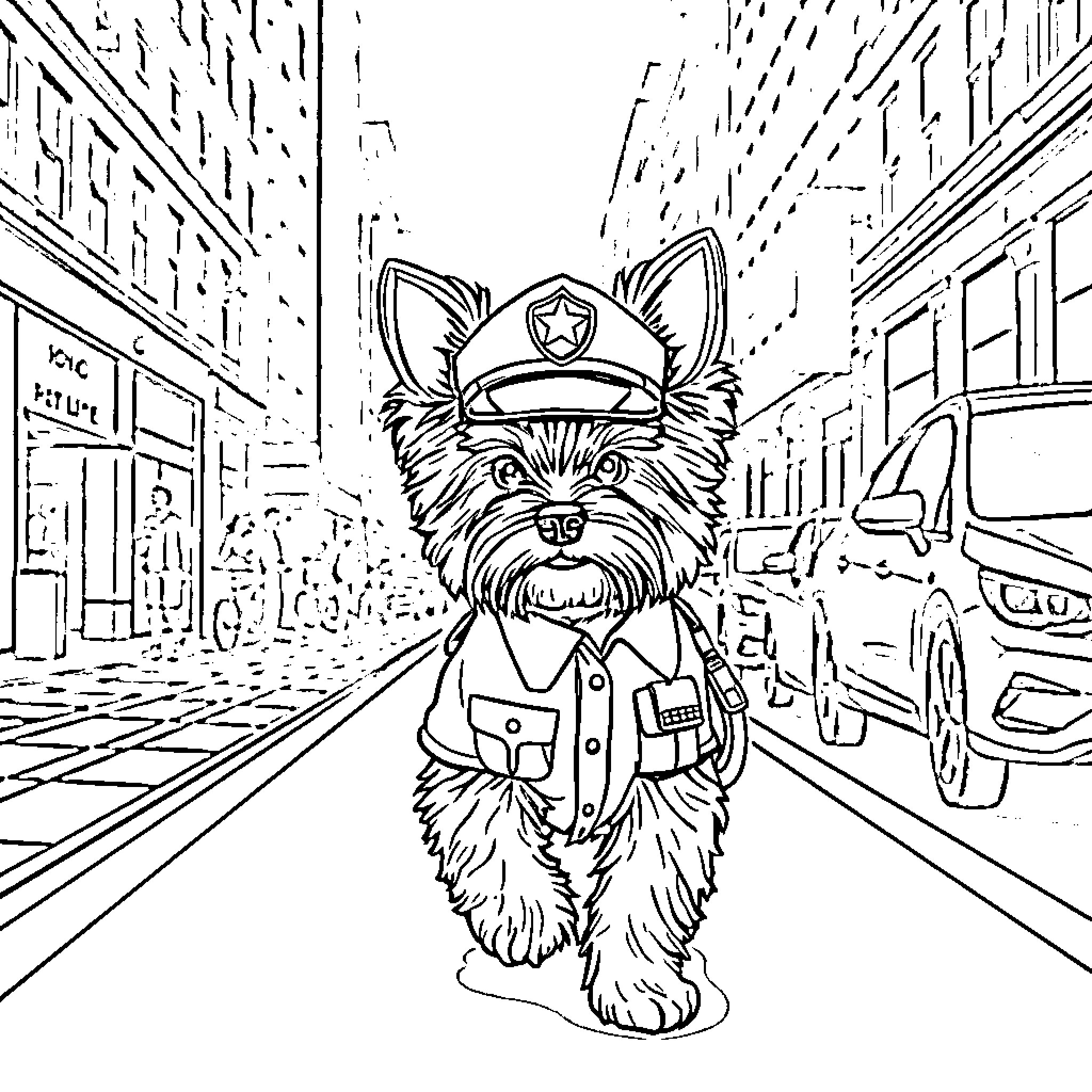 Yorkie Police Officer Patrolling the City Streets Coloring Page (free black-and-white line drawing printable PDF for all, from beginners to advanced learners, including children, teens, adults, and seniors)
