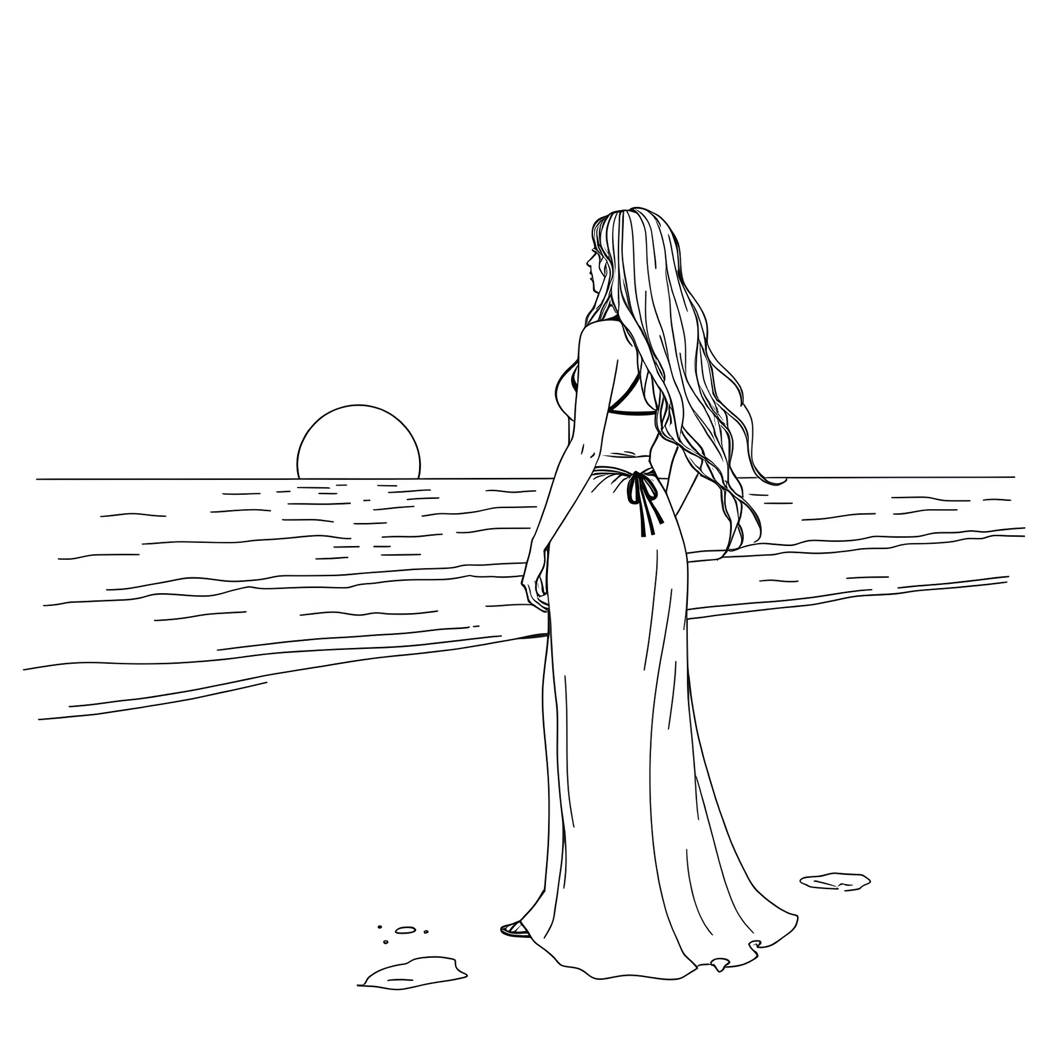 Woman gazing at the sunset on the beach Coloring Page (free black-and-white line drawing printable PDF for all, from beginners to advanced learners, including children, teens, adults, and seniors)