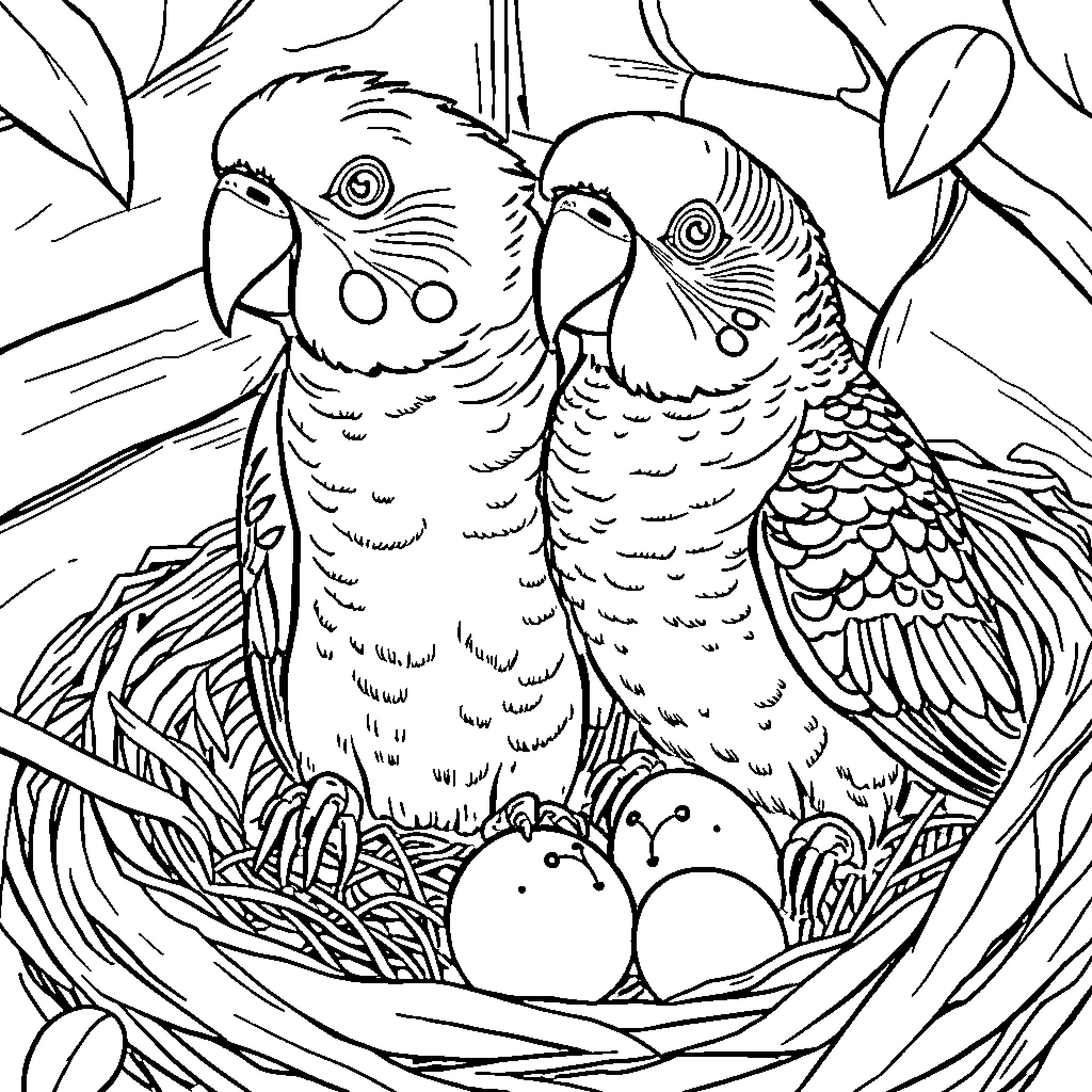 Parakeet Couple Nesting in Foliage Coloring Page (free black-and-white line drawing printable PDF for all, from beginners to advanced learners, including children, teens, adults, and seniors)