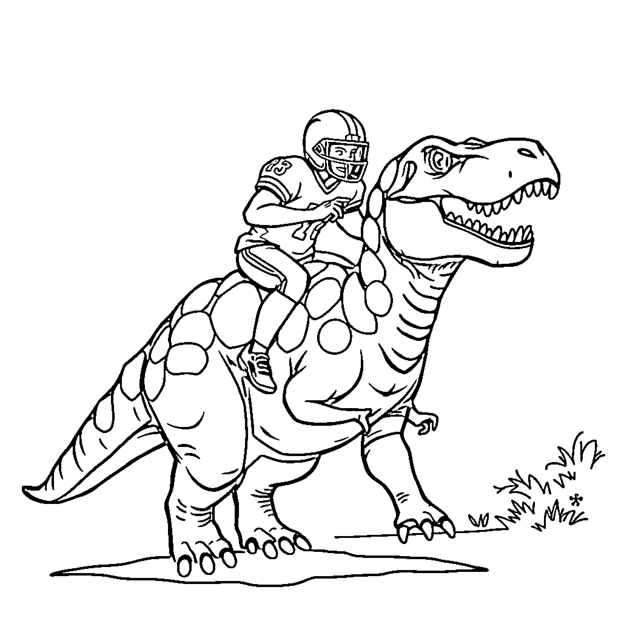 Football Player riding a Dinosaur in the Wild Coloring Page (free black-and-white line drawing printable PDF for all, from beginners to advanced learners, including children, teens, adults, and seniors)