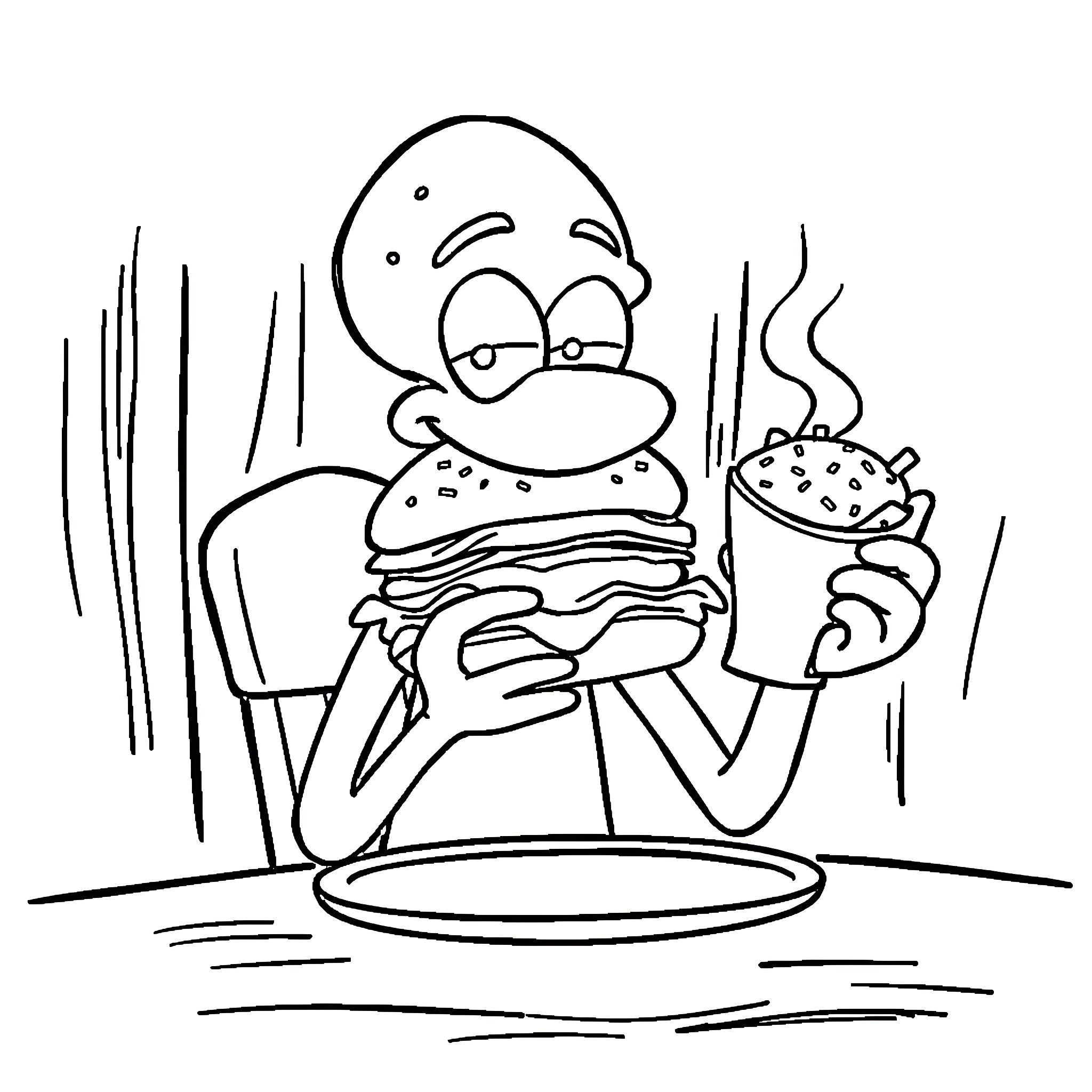 Squidward enjoying a delicious fast food burger Coloring Page (free black-and-white line drawing printable PDF for all, from beginners to advanced learners, including children, teens, adults, and seniors)