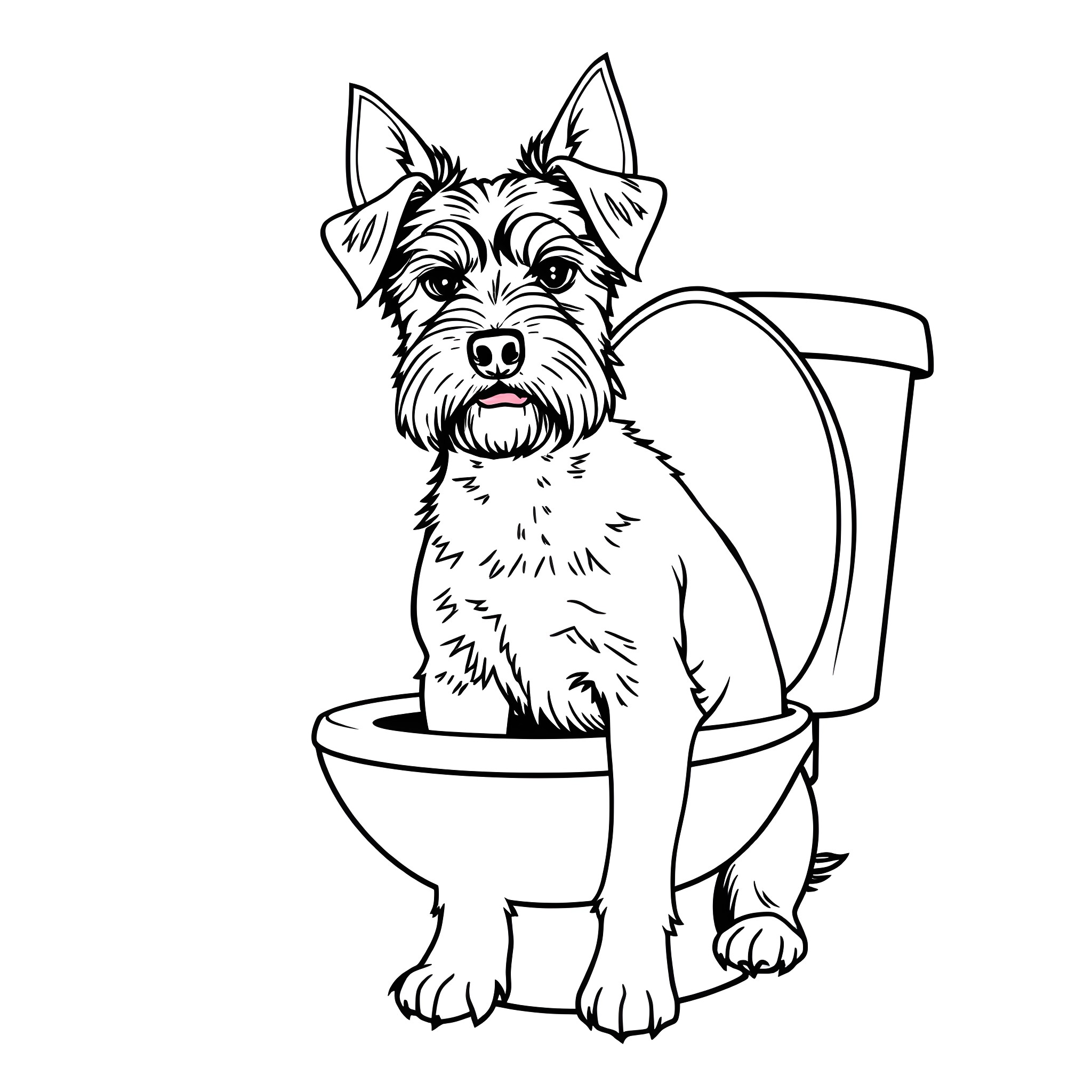 Terrier sitting on toilet with a concerned expression Coloring Page (free black-and-white line drawing printable PDF for all, from beginners to advanced learners, including children, teens, adults, and seniors)