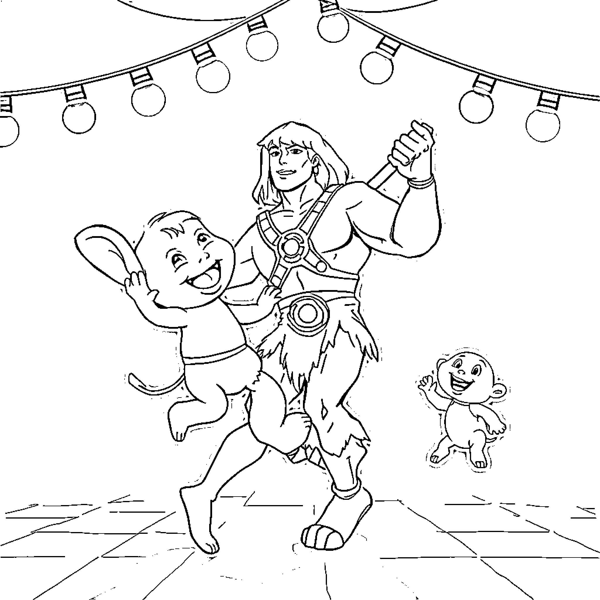 He-Man and his companions in an energetic scene Coloring Page (free black-and-white line drawing printable PDF for all, from beginners to advanced learners, including children, teens, adults, and seniors)