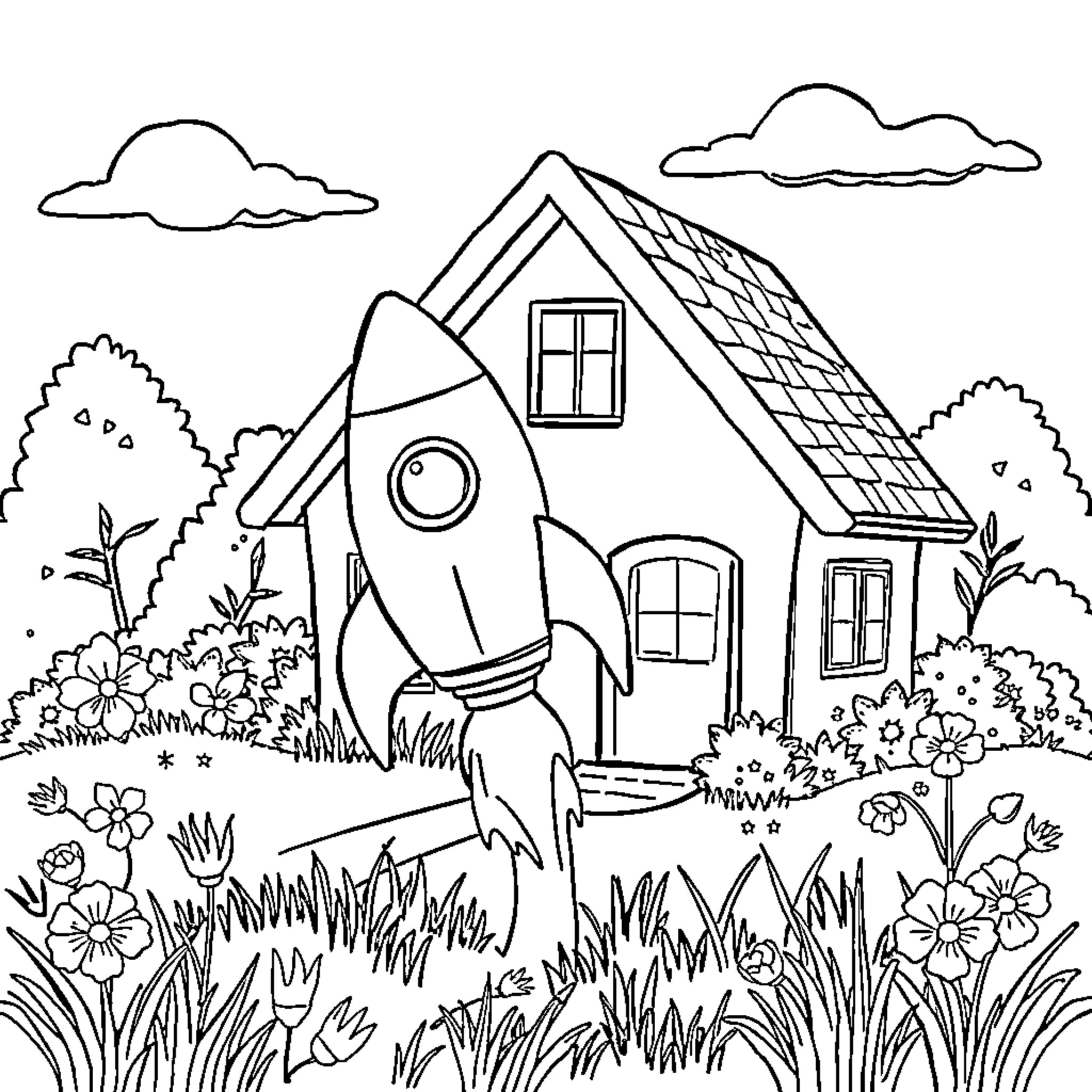 Rocket blasting off from the whimsical cottage garden Coloring Page (free black-and-white line drawing printable PDF for all, from beginners to advanced learners, including children, teens, adults, and seniors)