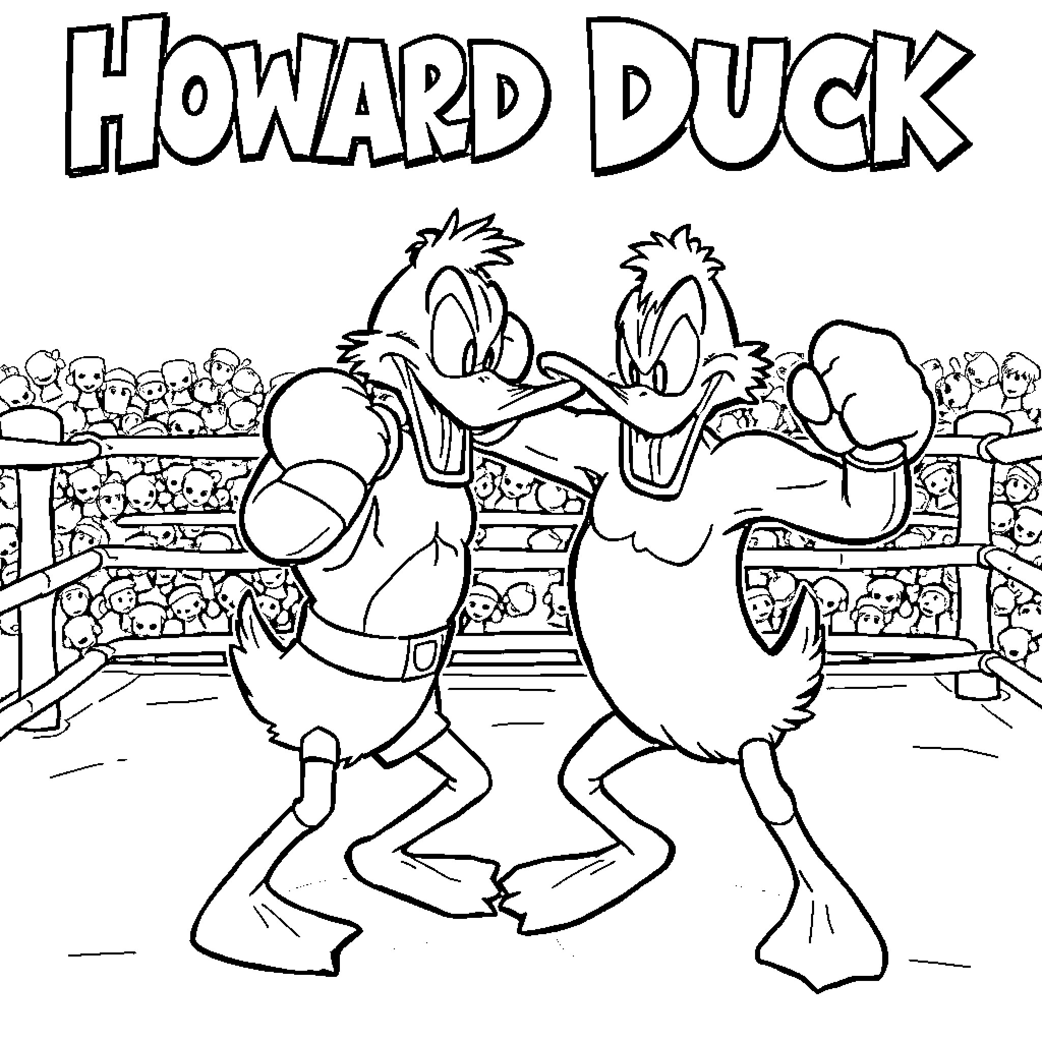 Howard the Duck boxing in a ring Coloring Page (free black-and-white line drawing printable PDF for all, from beginners to advanced learners, including children, teens, adults, and seniors)