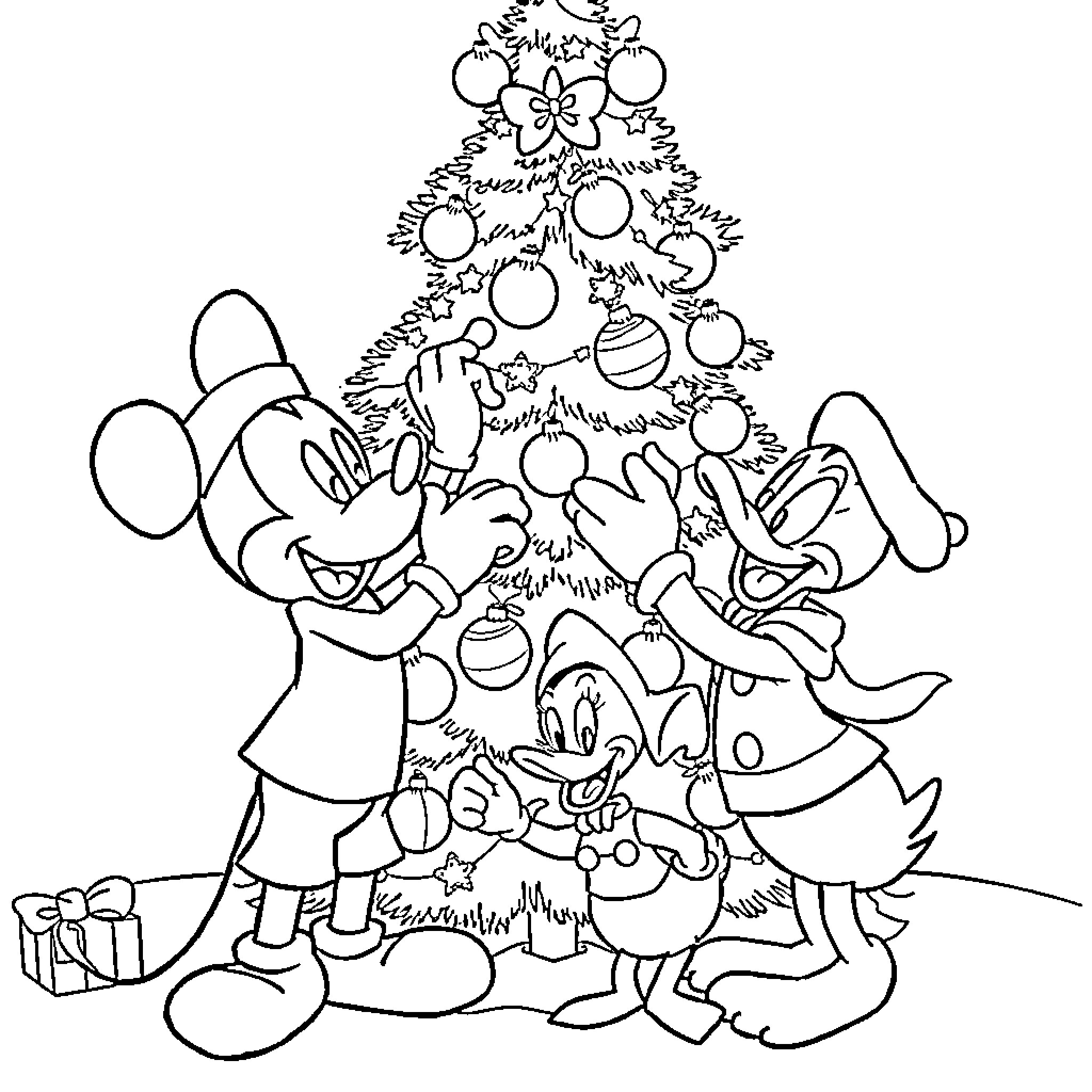 Disney Characters Decorating Christmas Tree Coloring Page (free black-and-white line drawing printable PDF for all, from beginners to advanced learners, including children, teens, adults, and seniors)