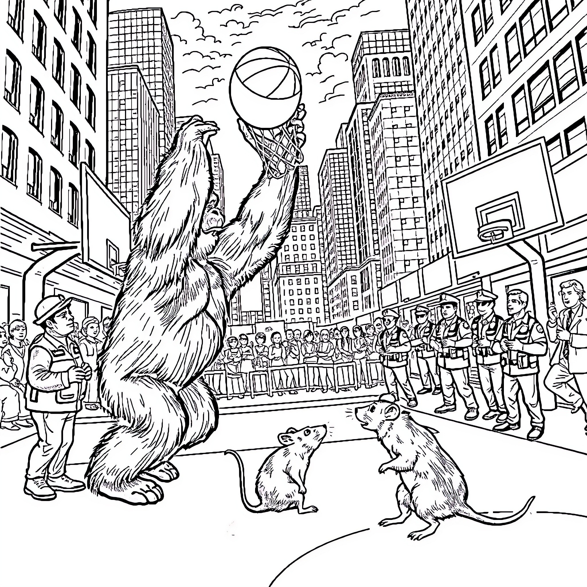 Gorilla Performing Acrobatics in City Parade Coloring Page (free black-and-white line drawing printable PDF for all, from beginners to advanced learners, including children, teens, adults, and seniors)