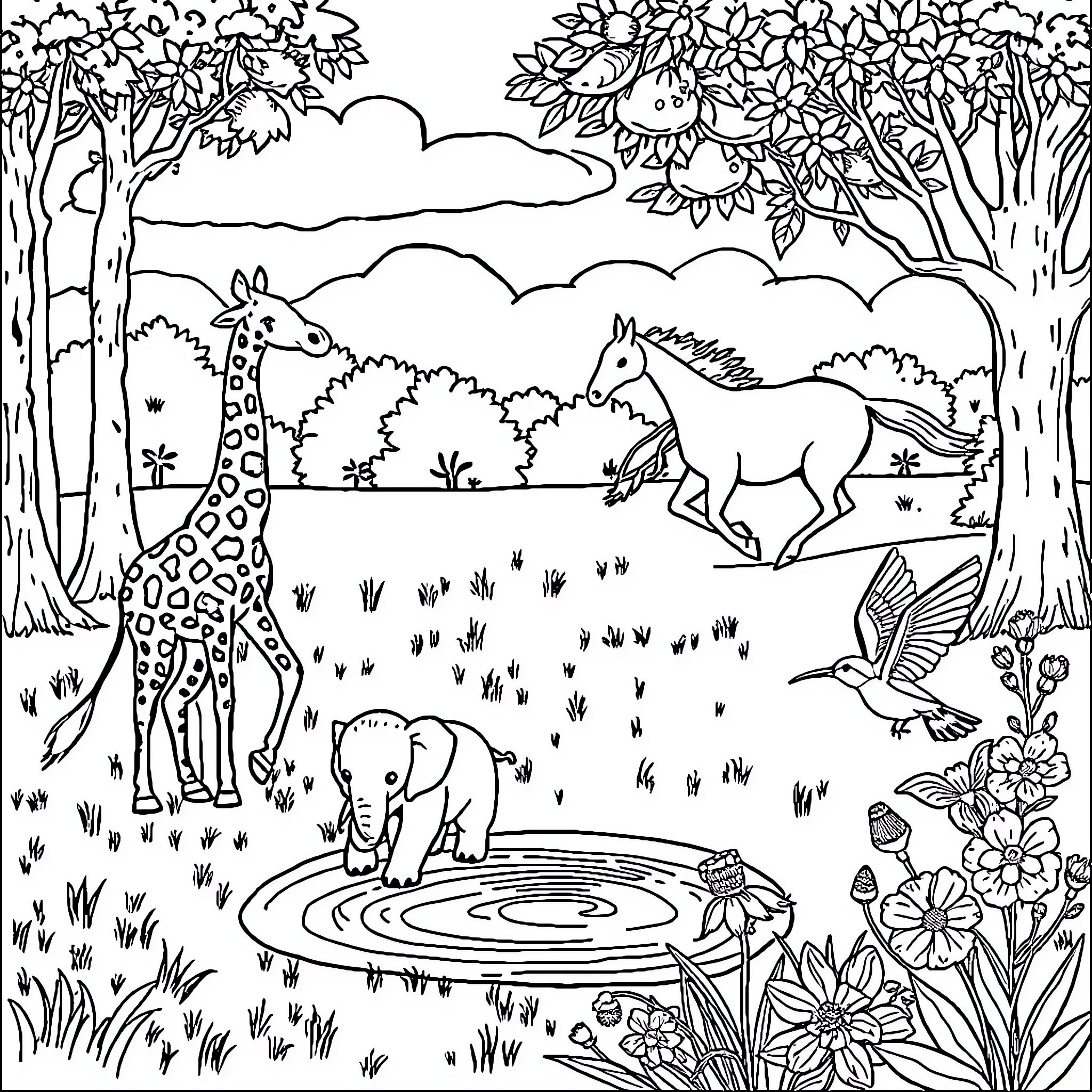 Giraffe, horse, and elephant in a lush forest landscape Coloring Page (free black-and-white line drawing printable PDF for all, from beginners to advanced learners, including children, teens, adults, and seniors)