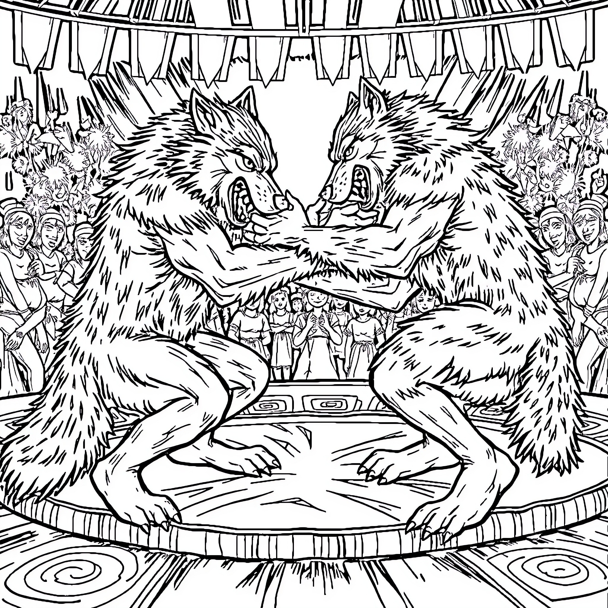 Wolf Fighters in an Ornate Arena Coloring Page (free black-and-white line drawing printable PDF for all, from beginners to advanced learners, including children, teens, adults, and seniors)