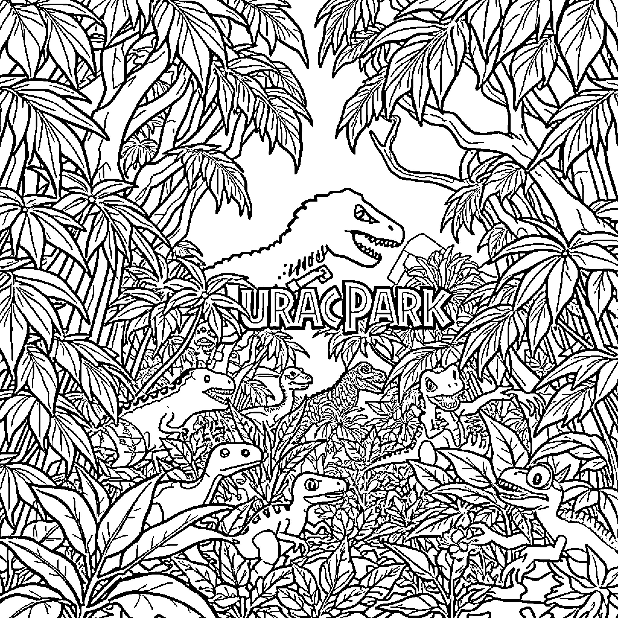 Lego Dinosaurs Exploring the Jungle Coloring Page (free black-and-white line drawing printable PDF for all, from beginners to advanced learners, including children, teens, adults, and seniors)