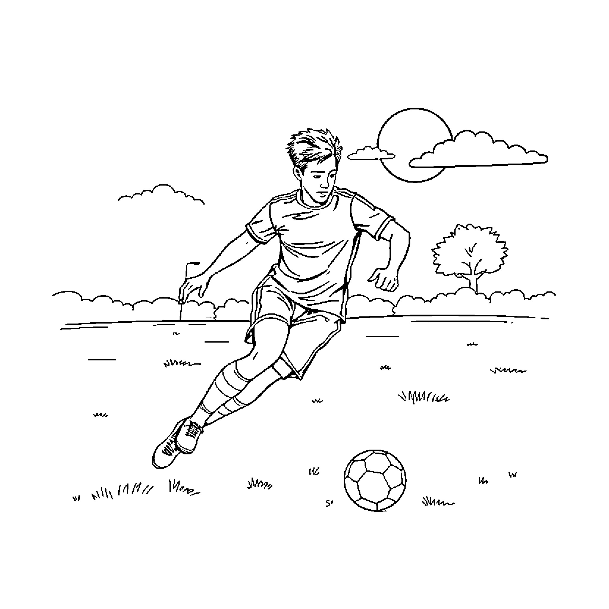 Football Player Dribbling a Soccer Ball on the Field Coloring Page (free black-and-white line drawing printable PDF for all, from beginners to advanced learners, including children, teens, adults, and seniors)