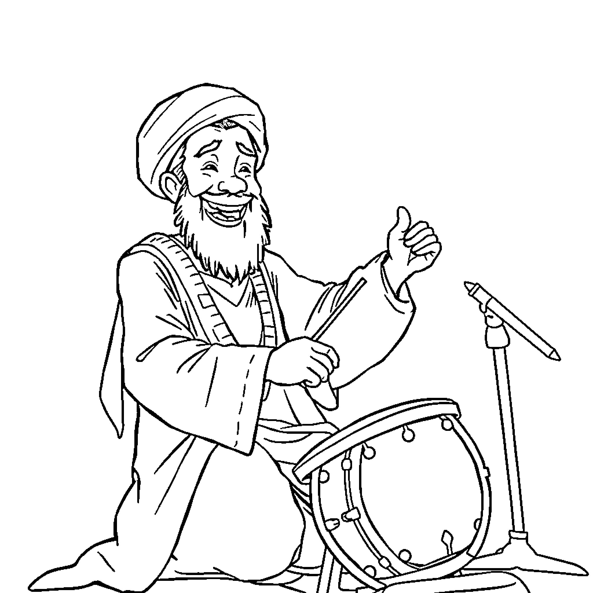 Rumi playing joyful music on a drum Coloring Page (free black-and-white line drawing printable PDF for all, from beginners to advanced learners, including children, teens, adults, and seniors)