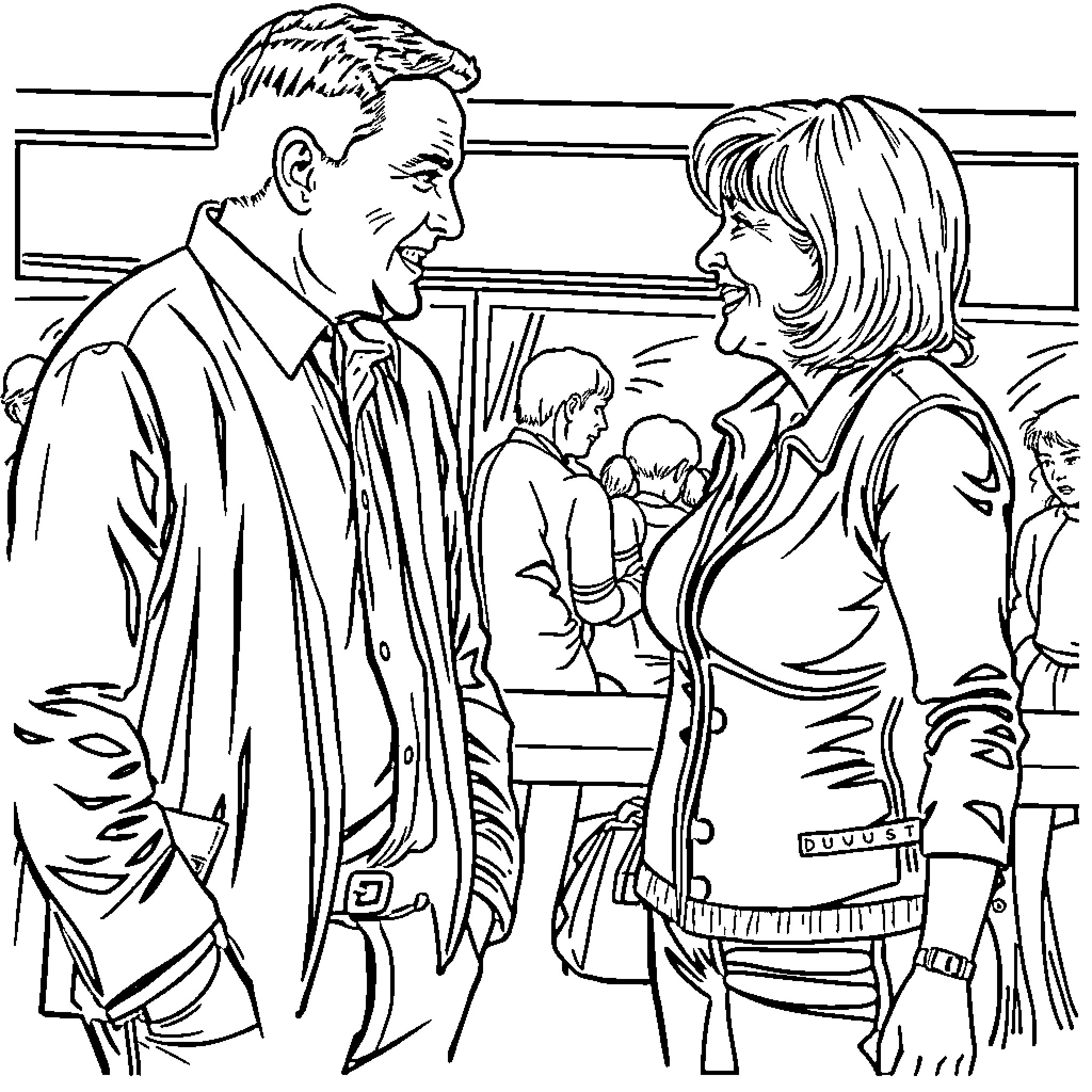 Jim Fregosi Engaged in Serious Conversation with Woman Coloring Page (free black-and-white line drawing printable PDF for all, from beginners to advanced learners, including children, teens, adults, and seniors)