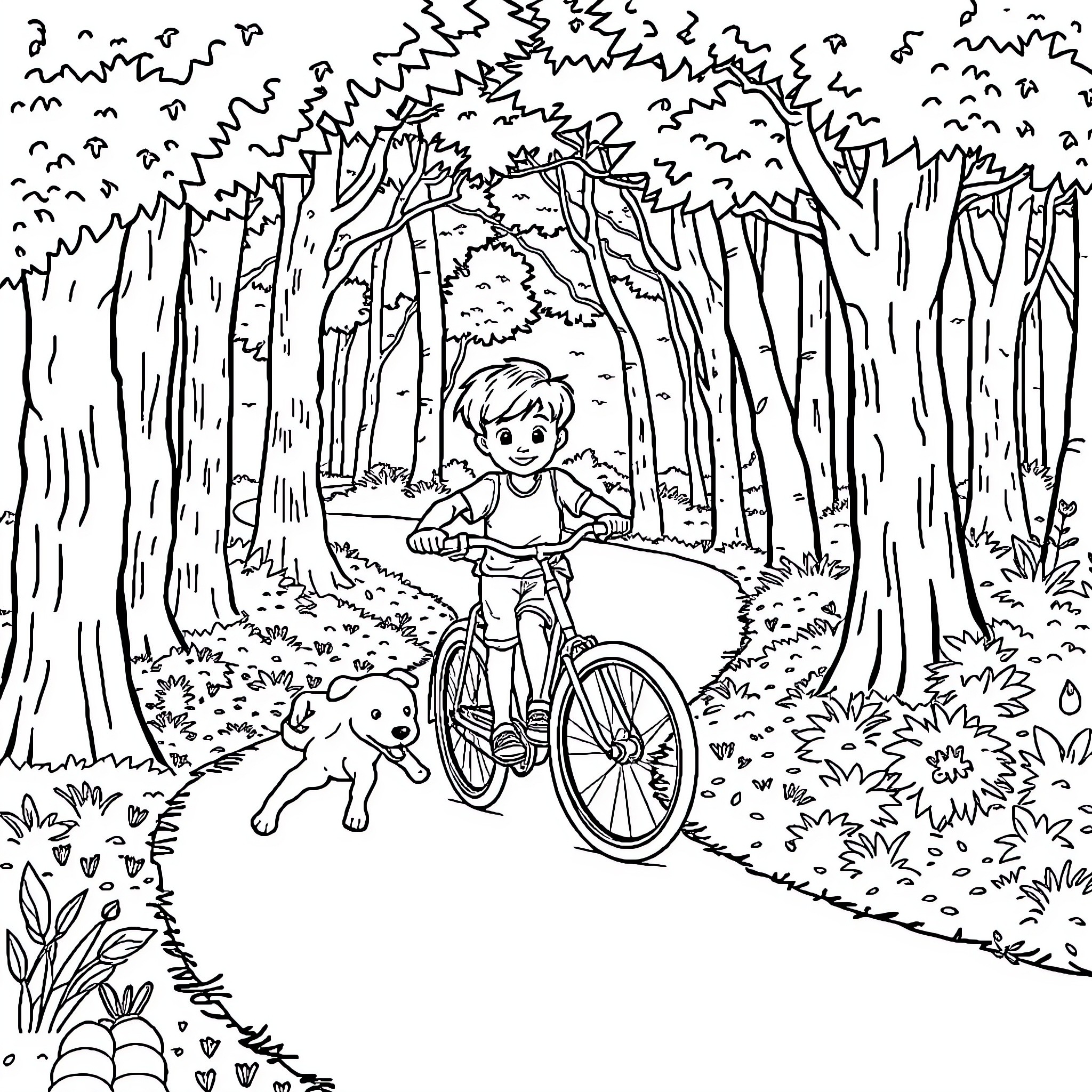 Boy riding bicycle with dog in forest Coloring Page (free black-and-white line drawing printable PDF for all, from beginners to advanced learners, including children, teens, adults, and seniors)